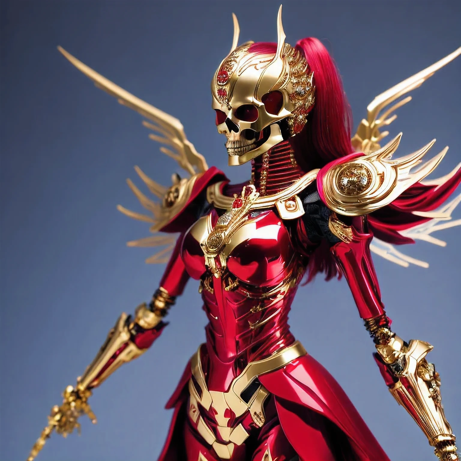 araffe skeleton in a red and gold costume with wings, saint skeleton queen, red demon armor, lady in red armor, wearing a skeleton armor, holy cyborg necromancer girl, hone onna skeleton geisha, ( highly detailed figure ), goddess of death, masami kurumada, the other a skeletal figure, skeletal, scary queen of death，((（one female）))