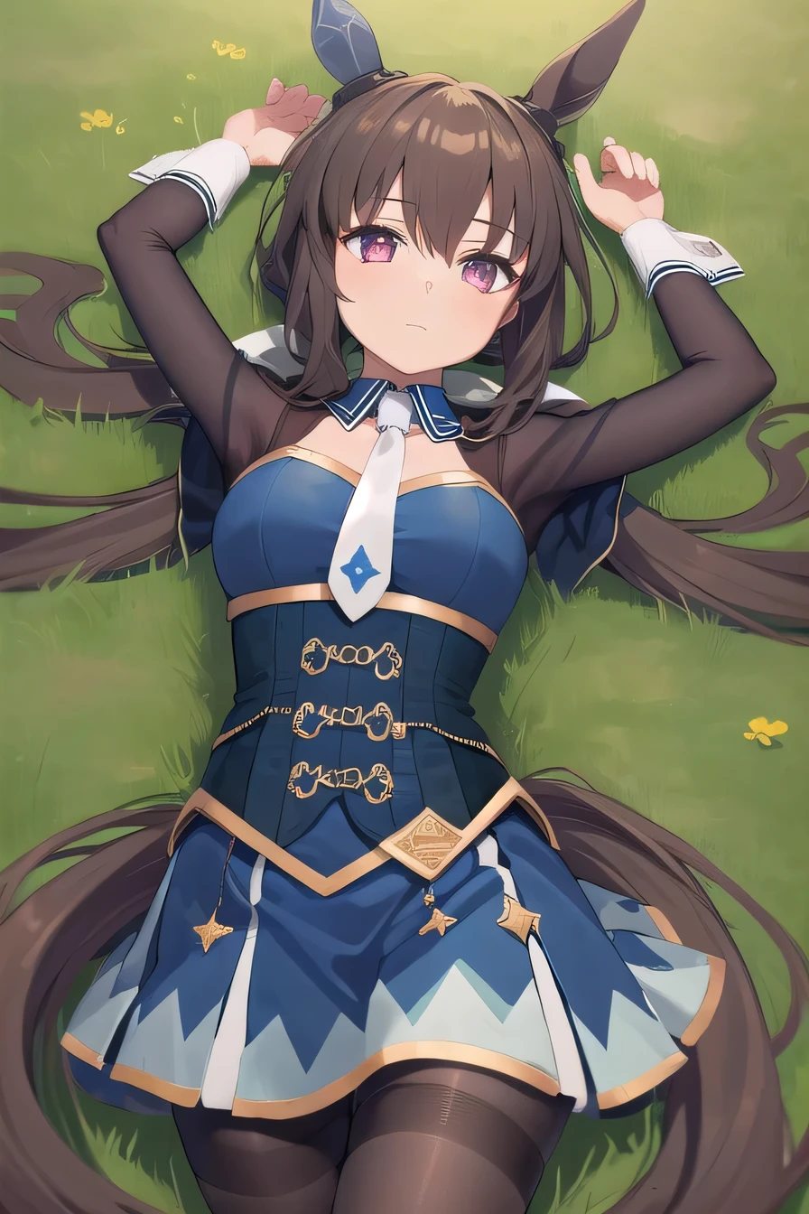 (masterpiece, best quality:1.2), solo, 1girl, admirevega, looking at viewer, closed mouth, on back, on grass, arms up, expressionless, (cowboy shot:1.5), lying, best quality, ponytail, horse ears, ear covers, blue dress, necktie, pantyhose, horse tail 