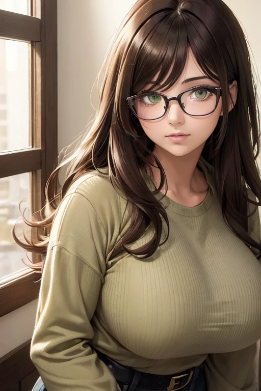 ((masterpiece)), (best quality:1.7), (detailed:1.4), (high res:1.4), 8k, (colorful:1.5), high resolution, sharped image, 4k, hd, (beautiful detailed background:1.2), (beautiful lighting:1.2), (highly detailed:1.2), perfect lighting, (8k wallpaper:1.2), (highly detailed:1.2), (extremely detailed CG:1.2), ((dark brown medium long straight hair with bangs covering an eye)), (hair bangs covering one eye), ((only dark brown hair)), ((busty)), curvy figure, (((hazel-green eyes))), spring casual outfit, glasses, mature, (((30 year old))), human adult, tall, fullbody