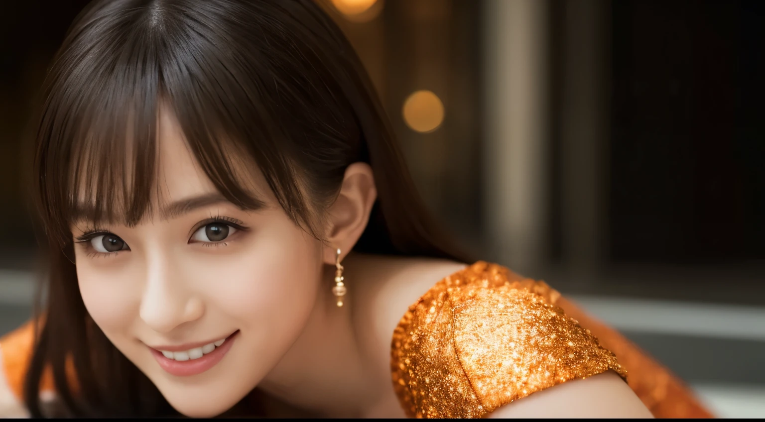 One Girl, (wearing an orange glitter dress:1.2), (RAW Photos, highest quality), (Realistic, Photorealistic:1.4), Tabletop, Very delicate and beautiful, Very detailed, 2k wallpaper, wonderful, In detail, Very detailed CG Unity 8k wallpaper, Very detailedな, High resolution, Soft Light, Beautiful detailed girl, Very detailedな目と顔, Beautifully detailed nose, Beautiful fine details, Cinema Lighting, City lights at night, Amazing illumination, Perfect Anatomy, Slender body, small, smile