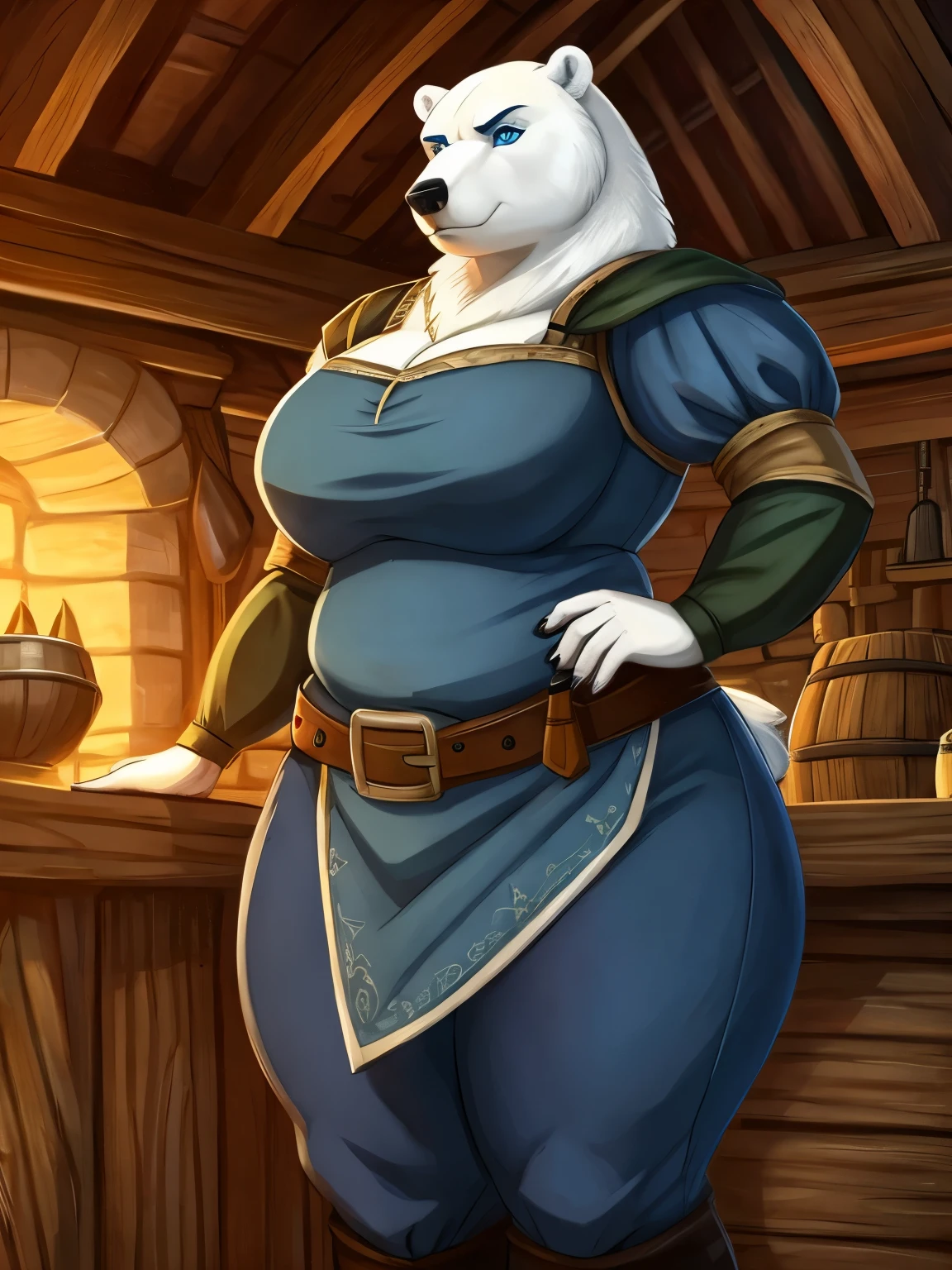 female, polar bear, fat, obese, massive hips, thick thighs, blue eyes, tavern wench dress and pants, stern expression, standing guard, medieval cottage