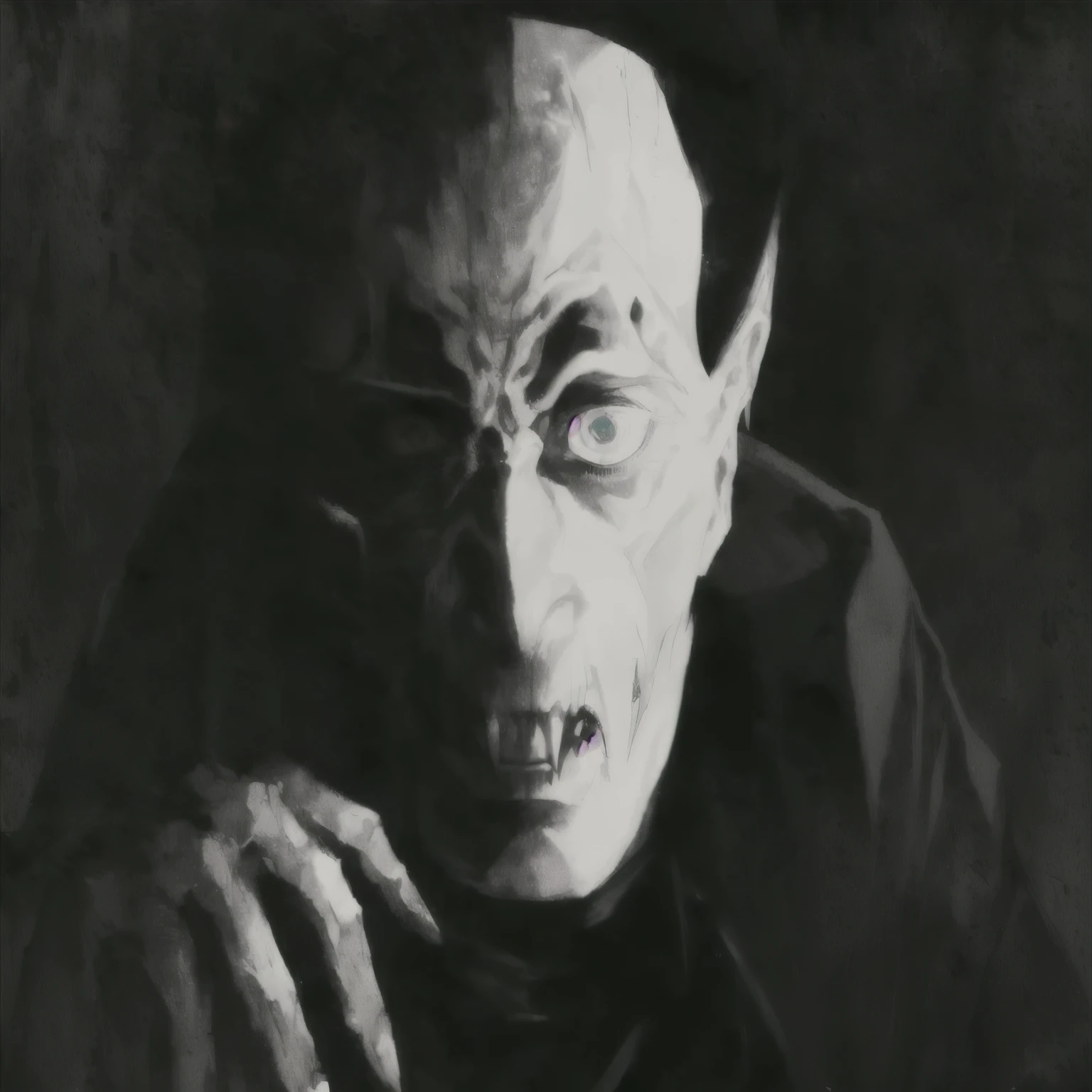arafed image of a man with a knife and fork in his hand, nosferatu, style of nosferatu, one man vampire, creepy, scary vampire, vampire, l vampire, portrait of a vampire, christopher lloyd as belial, vampire portrait, scariest looking man alive, count dracula, creepy!!, demonic photograph, alternate album cover