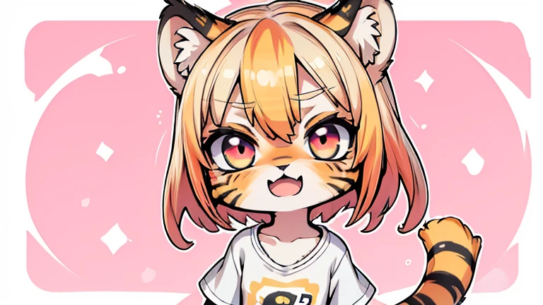 (obra maestra, Alta calidad, mejor calidad, 8K, high resolution), ((estilo chibii, Chibi lindo)), (solo, 1 girl), {Tiger Girl, cara de tigre, 2 colmillos, long eyelashes, delineador de ojos} {bigotes de tigre}, (((Piel de tigre por todo el cuerpo., Rayas de tigre en el cuerpo.))), (pelo naranja), cabello corto, Pinza para el cabello, [[Pinza para el cabello white flower on hair]], ((Muy feliz)), ((boca abierta)), ojos naranjas, [pupilas negras], ((buscando)), (very small breasts), brazos delgados, (un brazo arriba, un brazo hacia abajo), axilas, ((mini camiseta rosa, camiseta rosa completa)), {shorts blancos}, {{{mini cola de tigre, Cola en la espalda}}}, (cuerpo completo), (((de pie, jump angle))), dynamic pose, Fondo blanco, fondo sencillo, ((((Estilo Tora-chan no Hanayome)))), (old anime style 40s), estilo animado, anime color.