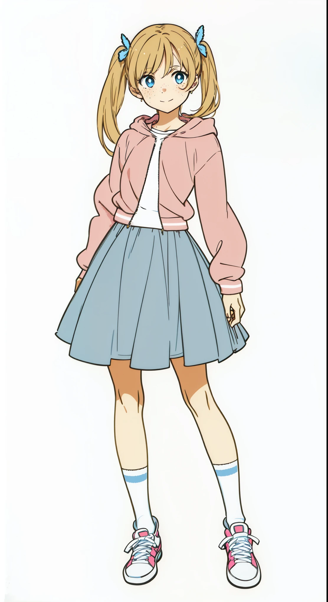 (best quality:1.0), (masterpiece:1.0), (super fine illustration:1.0), (beautiful artwork:1.0), (anime screencap:1.0), (official art:1.0), (european:1.0), (cheerful:1.0), (white background:1.0), (best quality:1.0), (masterpiece:1.0), (super fine illustration:1.0), (beautiful artwork:1.0), (anime screencap:1.0), (official art:1.0), (solo:1.0), (european:1.0), (a 18yo cute girl:1.0), (long skirt:1.0), (light blue skirt:1.0), (flare skirt:1.0), (pink long sleeve hoodie:1.0), (white t-shirt:1.0), (sneakers:1.0), (white socks:1.0), (ideal ratio body proportions:1.0), (lanky:1.0), (tall:1.0), (slender:1.0), (small breasts:1.0), (smaller face:1.0), (freckles:1.0), (detailed beautiful eyes:1.0), (detailed beautiful face:1.0), (glowing blue eyes:1.0), (long hair:1.0), (twin tails:1.0), (swept bangs:1.0), (blonde hair:1.0), (standing:1.0), (looking at viewer:1.0)