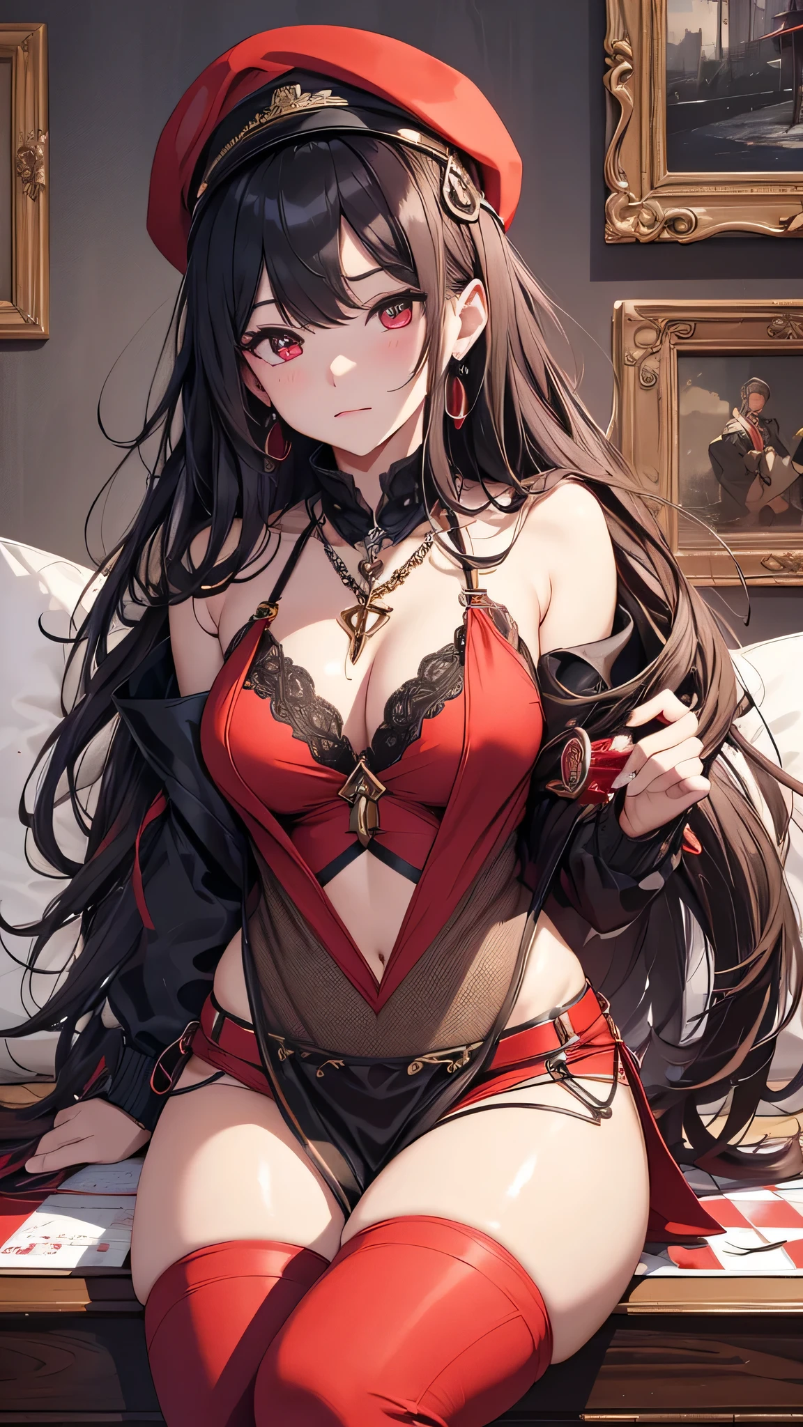 Highest quality、Highest quality、Masterpiece、girl((Metal body,Age 25、as soon as、Highest Bust、Medium Bust、Wide open chest、Red glowing eyes、Black Ear、Red Mesh、Disheveled Hair、Loincloth、thin、The best valley、Open chest、Luminous Wristbands、hair ornaments、Full body view、Black short-sleeved hoodie、Red pants、Ruby Necklace、No underwear、hat,Embarrassed face、Sit on a chair、Crossing your legs))、high quality、Beautiful Art、background((night、Red room、Cool chair,Cool chess board、table、red wine))、flight、Flying Debris、Depth of text、movie、Visual Arts、Perfect Art、8K、Genuine、