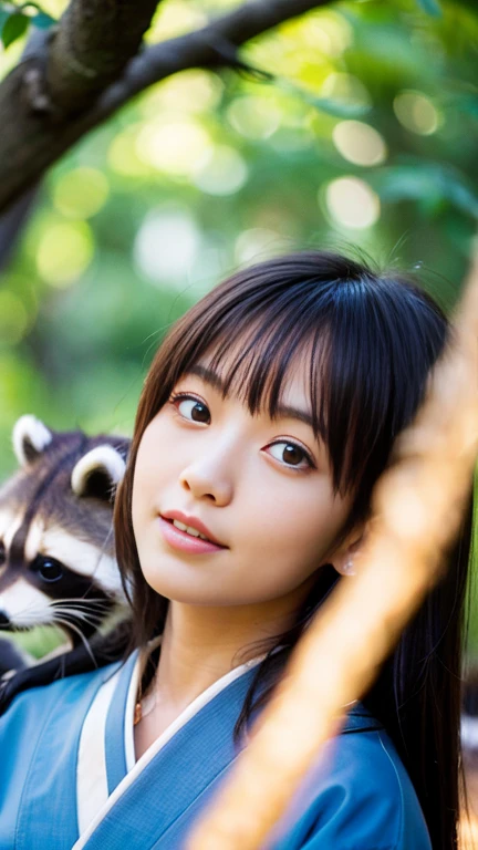 (Raw photo:1.2)、Dazzling sunlight,(highest quality:1.5),(Precision:1.5),(High resolution:1.5),(8k),(Japanese:1.7),(A beautiful girl gazing at a raccoon:1.5),