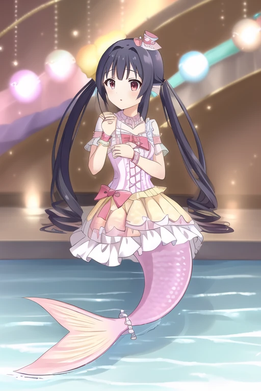 Mermaid, long mermaid tail, water, LegendGirls, dress,(mini hat:0.9),yellow dress,purple dress,
yazawa nico, twintails, (red eyes), black hair, hair bow, single sidelock , small breasts
LLChar,
masterpiece, best quality,1girl,