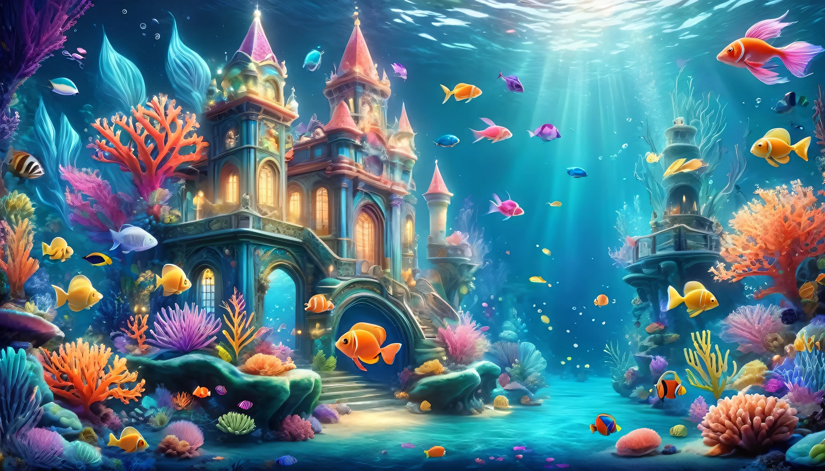 "Create a background with a colorful and enchanting underwater scene featuring vibrant characters and imaginative elements. Show a magical underwater world with playful sea creatures, sparkling seaweed, vibrant coral reefs, everything fish small small,and whimsical details to captivate and delight kids.