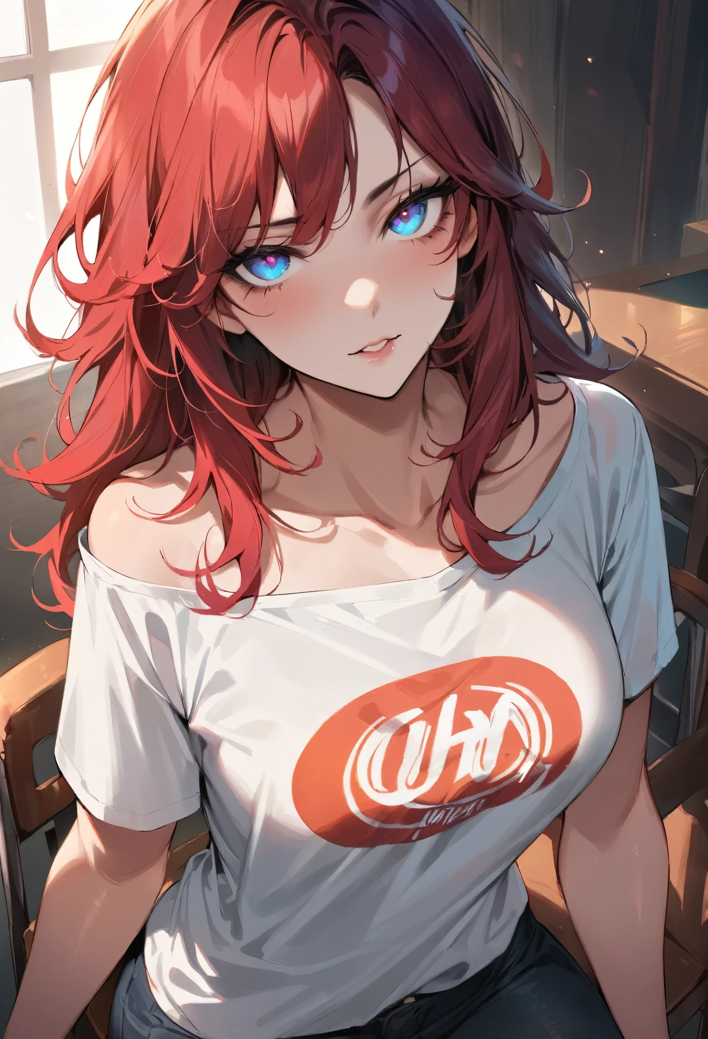 (best quality,ultra-detailed,highres,masterpiece:1.2), detailed eyes, realistic facial features, intense gaze, flawless skin, alluring, soft and natural lighting, vibrant colors,sfw, cool hair,,Sitting,low shoulder t-shirt,perfect,chair, table,( provocative pose)