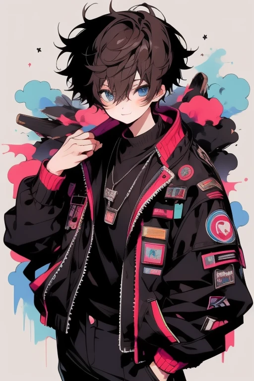 anime, boy, Brown hair, short hair, blue eyes, stylish jacket, black pants, Messy hair, has the body facing the viewer, smile
