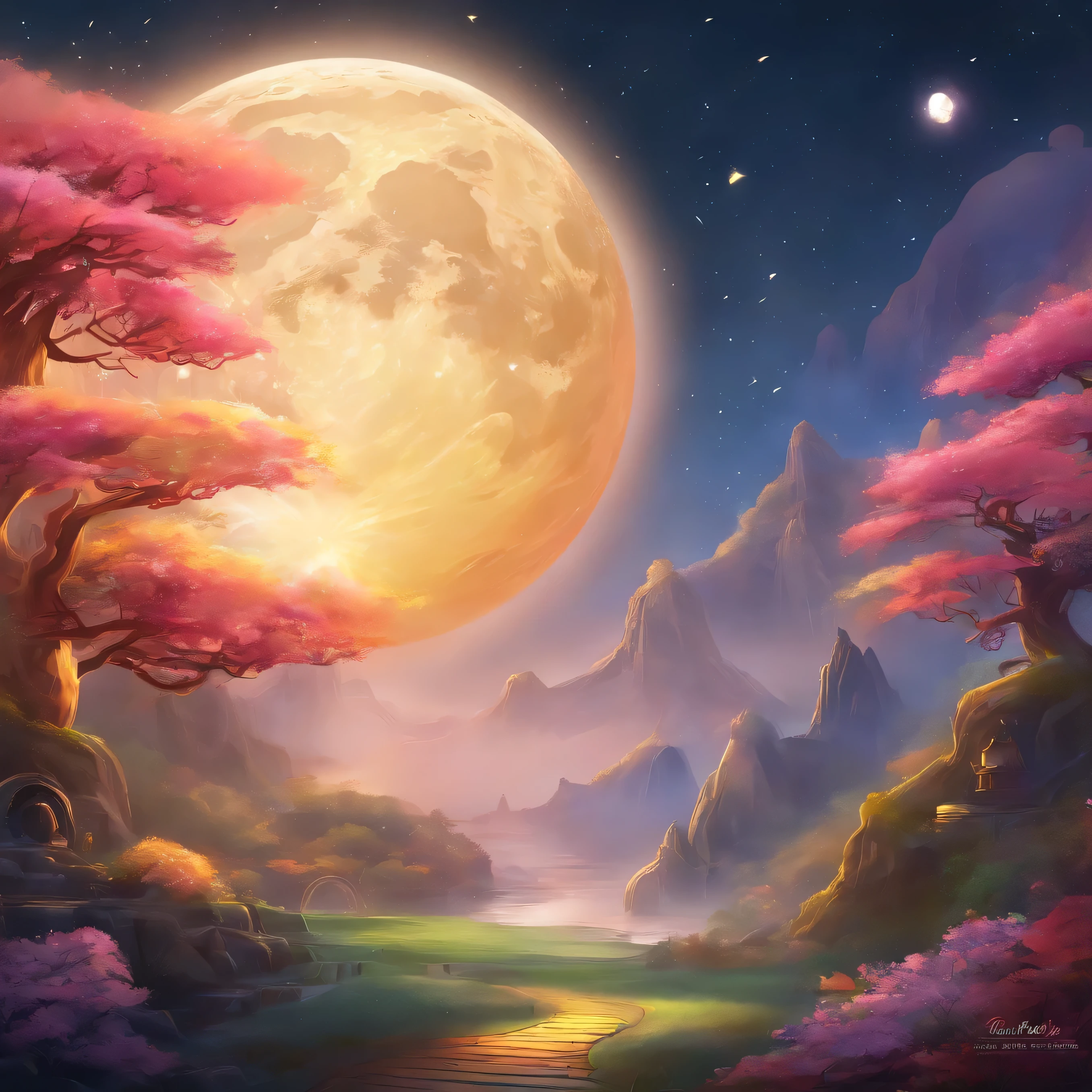Mid-Autumn Festival, A round moon, the night, (Moon cake), teas, the fruits, edgBunny, Chang'e rushes to the moon, symmetry, high detail, Romanticism, sparkle, god rays, ray tracing, UHD, retina, masterpiece, ccurate, super detail, high details, high quality, best quality, highres, 16k, anatomically correct