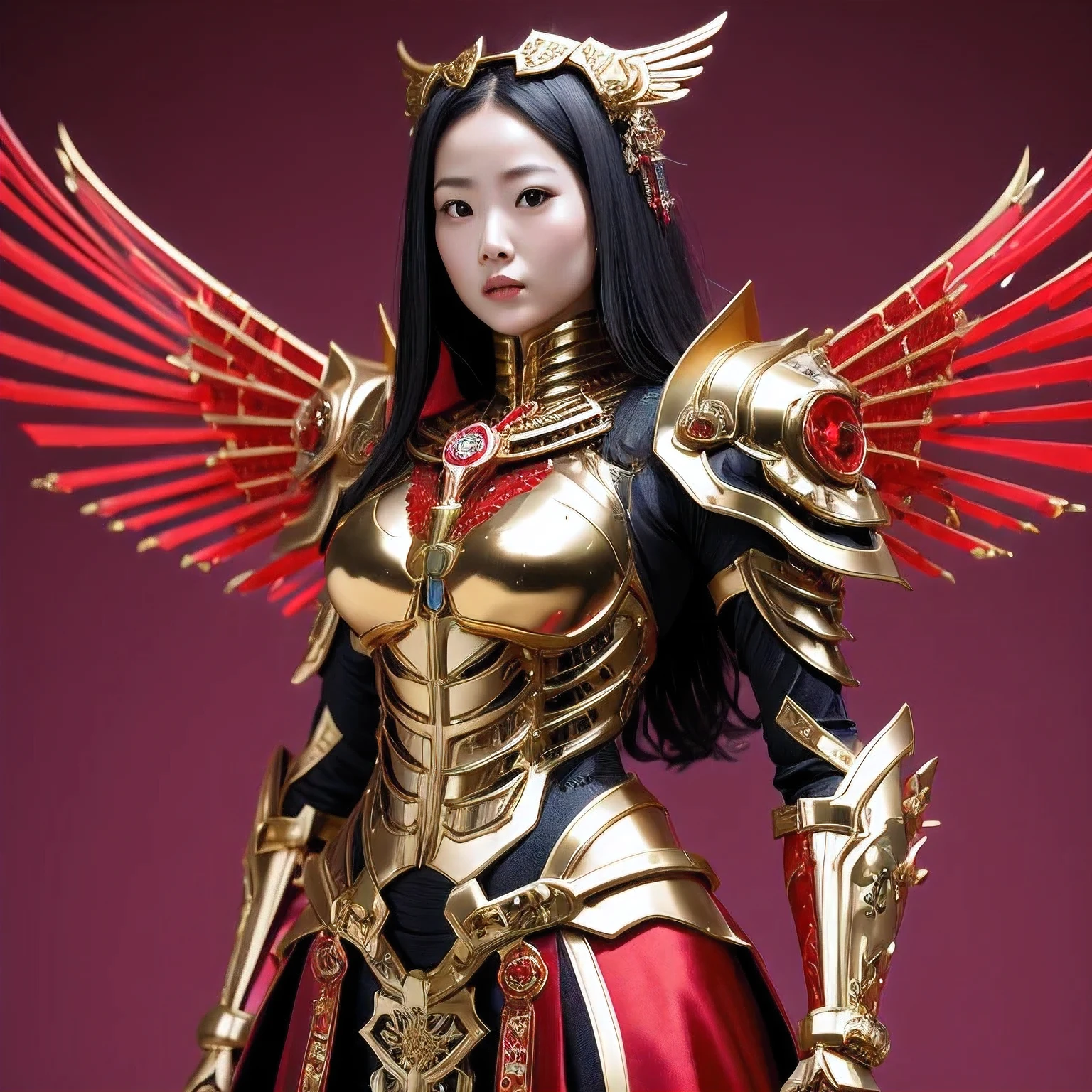 araffe skeleton in a red and gold costume with wings, saint skeleton queen, red demon armor, lady in red armor, wearing a skeleton armor, holy cyborg necromancer girl, hone onna skeleton geisha, ( highly detailed figure ), goddess of death, masami kurumada, the other a skeletal figure, skeletal, scary queen of death，((（one female）))