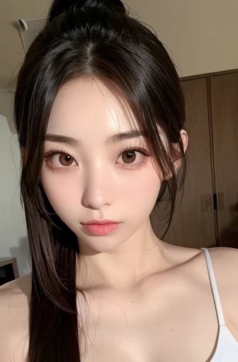 panoramic,8K Masterpiece, best quality, portrait, solitary, 1 girl, looking at the audience, Young woman, (Korean beauty, Korean mixed-race:1.3), long hair, (Huge :1.2,Nipple sion:1:9),Not wearing any clothes内衣,Not wearing any clothes, A faint smile, White background, (There is light on the face), Delicate skin, Facial detail