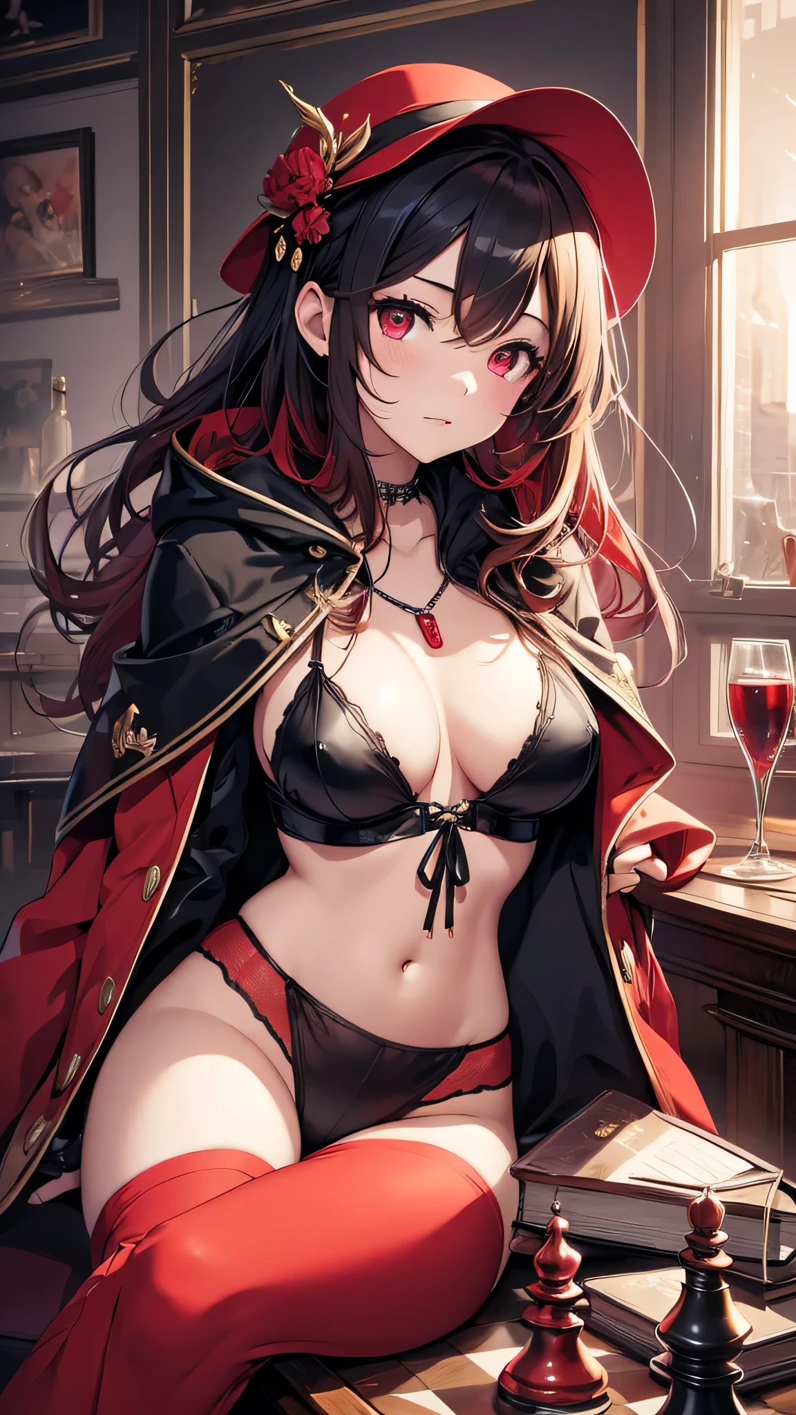 Highest quality、Highest quality、Masterpiece、girl((Metal body,Age 25、as soon as、Highest Bust、Medium Bust、Wide open chest、Red glowing eyes、Black Ear、Red Mesh、Disheveled Hair、Loincloth、thin、The best valley、Open chest、Red Cape、hair ornaments、Full body view、Black short-sleeved hoodie、Red pants、Ruby Necklace、No underwear、hat,Embarrassed face、Sit on a chair、Crossing your legs))、high quality、Beautiful Art、background((night、Red room、Cool chair,Cool chess board、table、red wine))、flight、Flying Debris、Depth of text、movie、Visual Arts、Perfect Art、8K、Genuine、