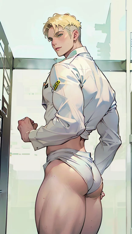 1 man, blond hair, short hair, ((twink body)), (((thick thighs))), green eyes, ((wearing a white scientist outfit)), clothes clinging to the body, (((huge butt)))