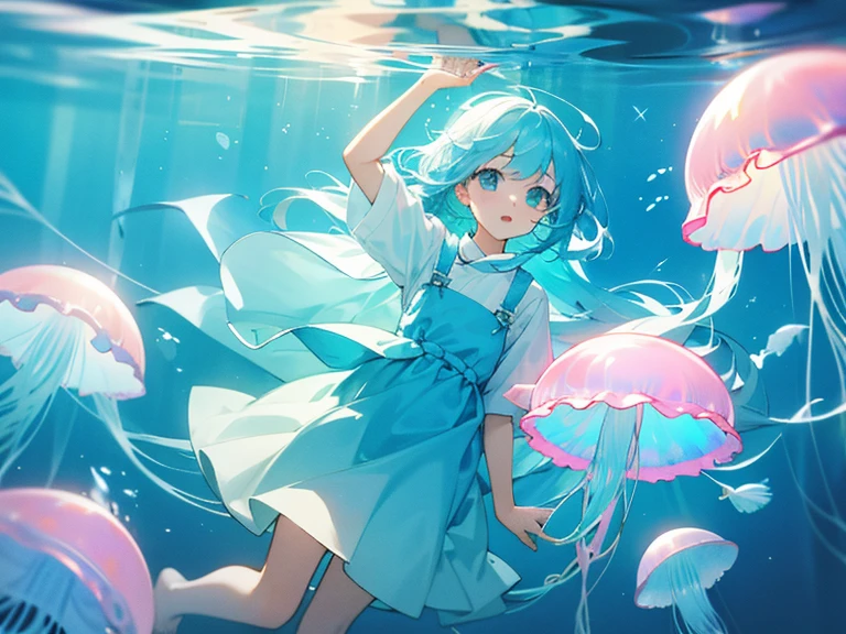 In the sea、Girl floating with jellyfish。fluffy。The overall color is light blue。