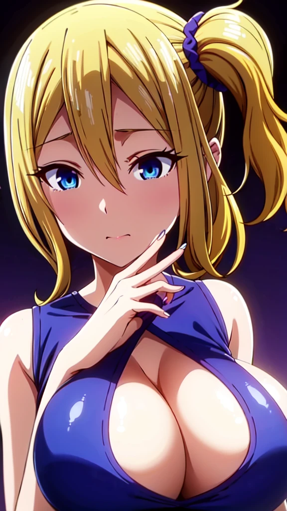 ai hayasaka, bangs, blue eyes, blonde hair, hair ornament, hair between eyes, sidelocks, side ponytail, scrunchie, hair scrunchie, blue scrunchie, (masterpiece:1.2, Best Quality:1.1), 32K HDR, High resolution, Solo, 1girl in, (Colossal tits:1.1, Huge boobs:1.1, Huge breasts:1.1, gigantic cleavage:1.1, Perfect slim body:1.2), squat down, (Detailed face, Detailed eyes, Detailed skin texture, Perfectly shaped hands, 5FINGERS), 