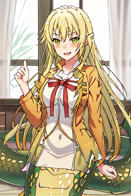 Lamai, long yellow tail lamia, best quality, masterpiece, highres, solo, {miura_yumiko_yahariorenoseishunlovecomewamachigatteiru:1.15}, long_hair, blonde_hair, green_eyes, 1girl, bangs, earrings, indoors, jewelry, shirt, looking_at_viewer, stud_earrings, blush, orange_shirt, upper_body, :d, curtains, open_mouth, smile