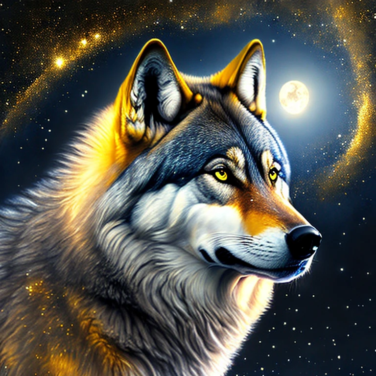 Realistic wolf in front of a full moon. The wolf has yellow eyes and golden fur.. The painting is full of stars and faint lights，The wolf had a calm expression.