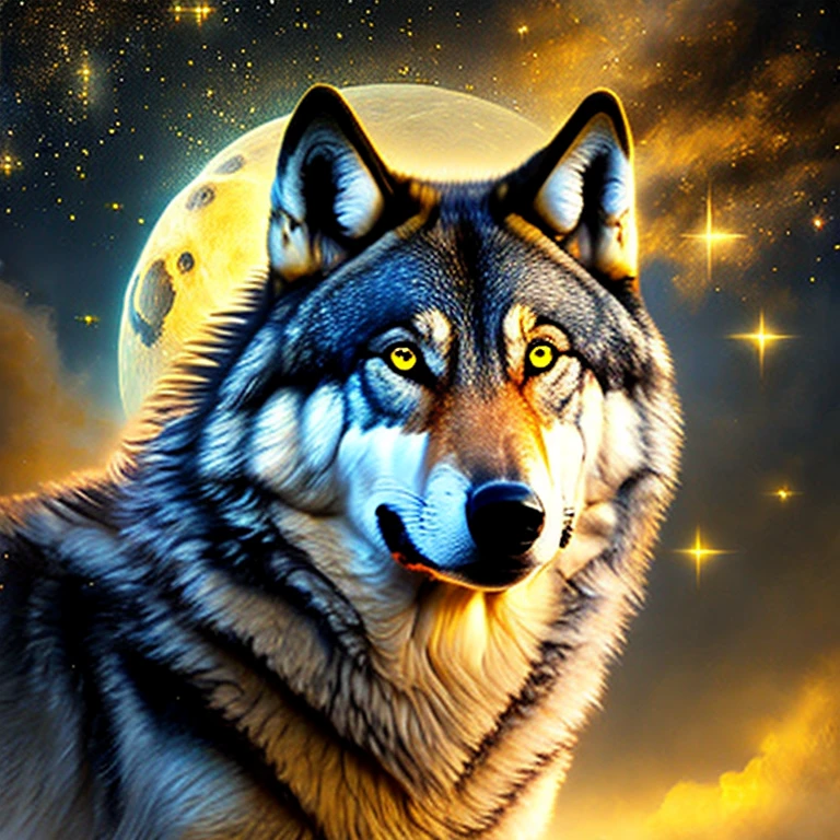 Realistic wolf in front of a full moon. The wolf has yellow eyes and golden fur.. The painting is full of stars and faint lights，The wolf had a calm expression.