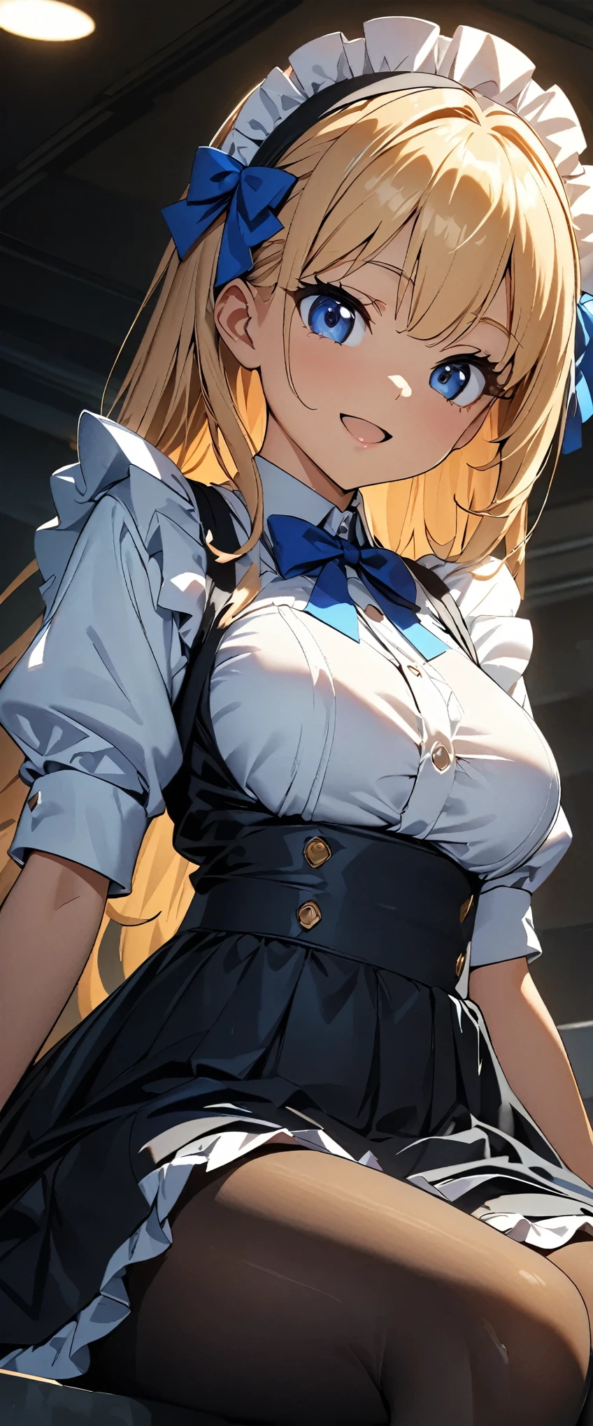 (highest quality:1.2, 4K, 8k, Studio Anime, Very detailed, up to date, Vibrant, High detail, High Contrast, masterpiece:1.2, highest quality, Best aesthetics), (((1 girl))), Sitting, Maid, Maid服, Blue Ribbon, Frills, Open your mouth slightly:1.2, smile, Dynamic Angle, Low - Angle:1.3, 40 denier black tights, Get closer, Friendly atmosphere, Fun and young々Shii々Cool vibe, Precision and focus, Striking contrast,