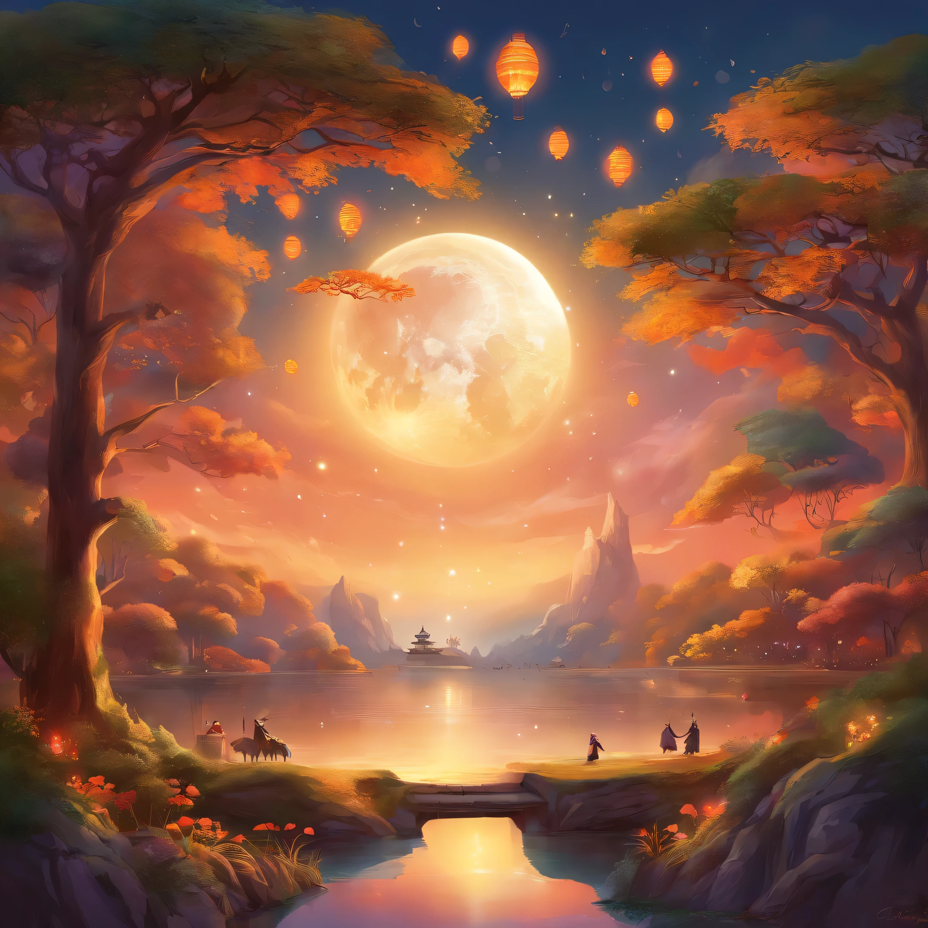 Mid-Autumn Festival, A round moon, the night, （Moon cake）, teas, the fruits, edgBunny, Chang'e rushes to the moon, symmetry, high detail, Romanticism, sparkle, god rays, ray tracing, UHD, retina, masterpiece, ccurate, super detail, high details, high quality, best quality, highres, 16k, anatomically correct