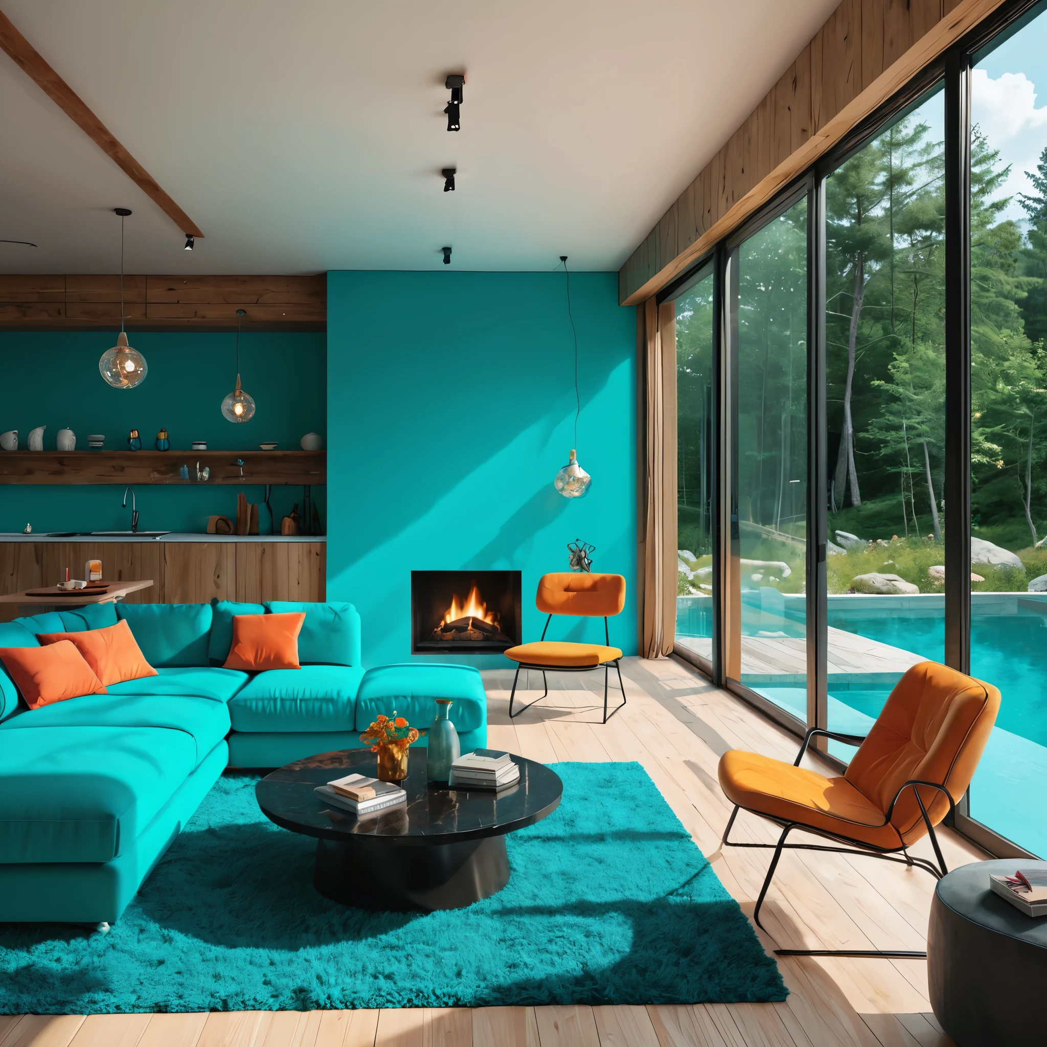 Infinite cosmos, Vivid aqua, Power stance, Joyful demeanor, Realistic textures, Articulated joints, Vacation home, Vibrant contrasts, Nature's , Shining highlights, deep saturation