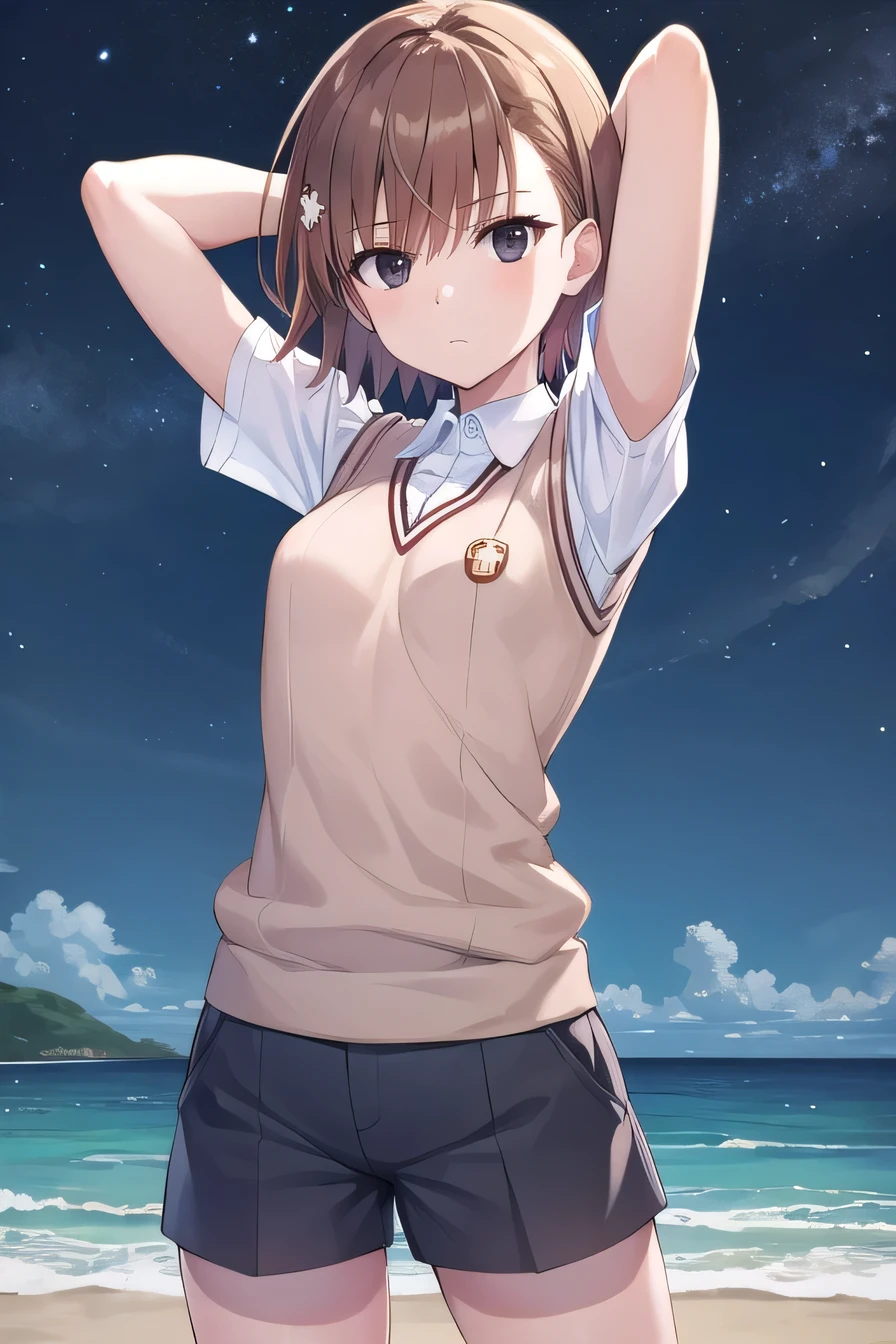 short hair, brown hair, black eyes, empty eyes, sweater vest, shirt, shorts, white shirt, pleated shorts, v-neck, short sleeves, tokiwadai , misaka imouto, solo, night sky, beach, arms behind head, contrapposto, spread armpits, closed mouth, (cowboy shot:1.5), looking at viewer, best quality,