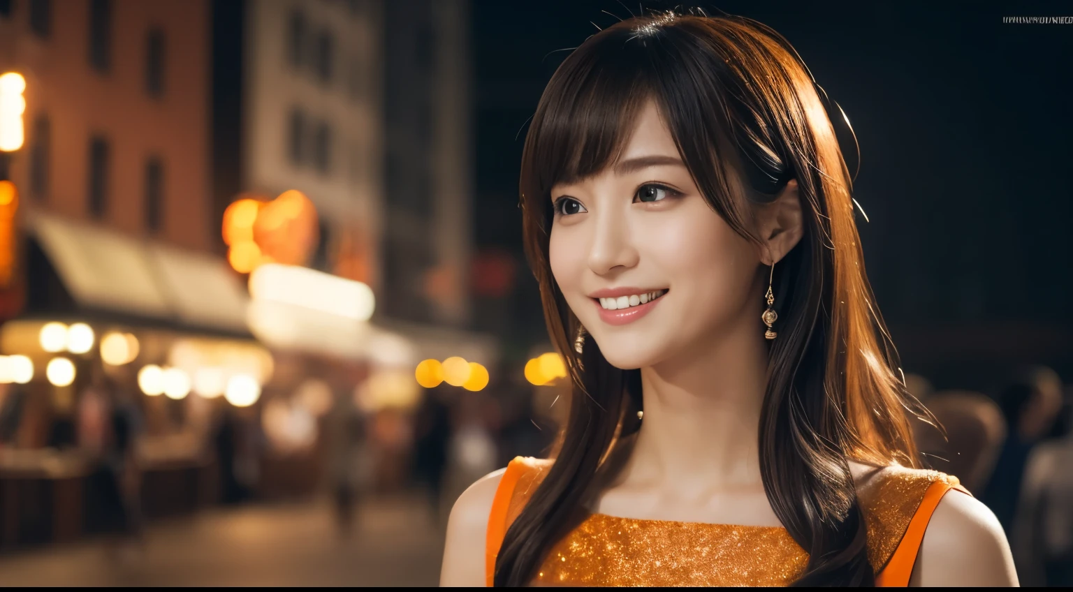 One Girl, (wearing an orange glitter dress:1.2), (RAW Photos, highest quality), (Realistic, Photorealistic:1.4), Tabletop, Very delicate and beautiful, Very detailed, 2k wallpaper, wonderful, In detail, Very detailed CG Unity 8k wallpaper, Very detailedな, High resolution, Soft Light, Beautiful detailed girl, Very detailedな目と顔, Beautifully detailed nose, Beautiful fine details, Cinema Lighting, City lights at night, Amazing illumination, Perfect Anatomy, Slender body, small, smile