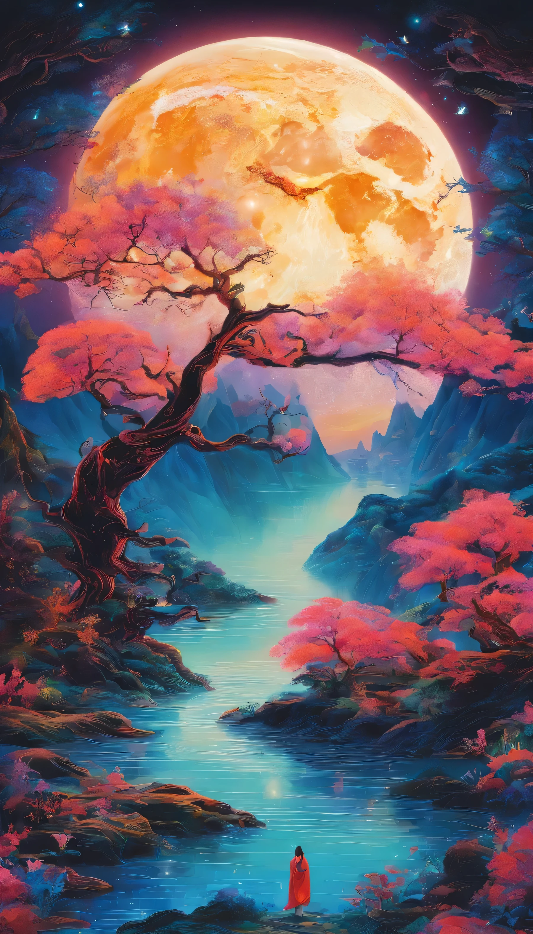 （Tang Feng），（Precipitous cliffs illuminated by a huge moon），Dark Blue Fluorescence，（Taolin），（Lake Mirror），Ultra-long viewing angle，Midnight background，shush