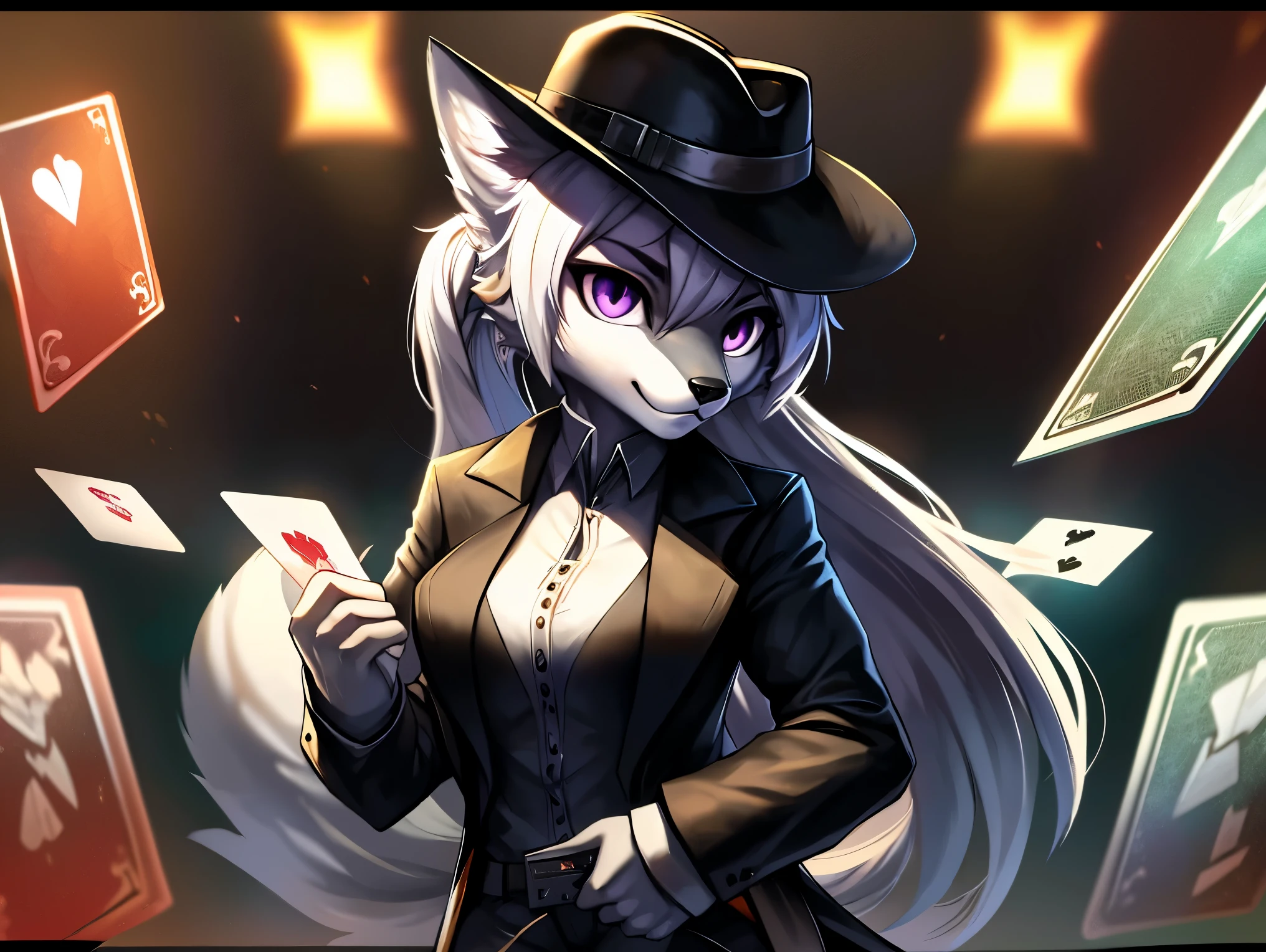 fox, female, solo, white hair, ponytail, ((grey fur)), (purple eyes), (breasts), ((black gambler clothes)), (((large cowboy hat))), (((black cowboy hat))), purple handkerchief, card background, card frame, casino background, hands in pockets, Very good figure, best quality, highres, 16k, Natural soft light, Tyndall effect, Advanced film lighting, Unreal Engine5, Extremely realistic, A high resolution, perfect masterpiece, high quality, high resolution
