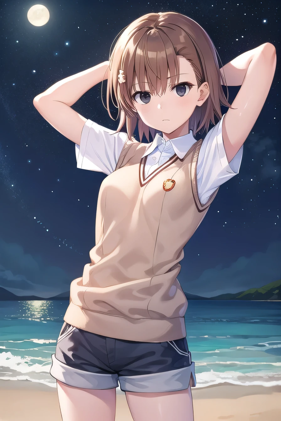 short hair, brown hair, black eyes, empty eyes, sweater vest, shirt, shorts, white shirt, pleated shorts, v-neck, short sleeves, tokiwadai , misaka imouto, solo, night sky, beach, arms behind head, contrapposto, spread armpits, closed mouth, (cowboy shot:1.5), looking at viewer, best quality,