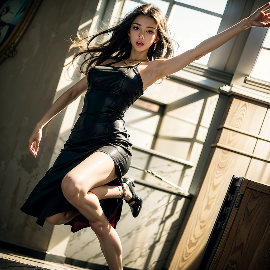 (((A woman is jumping))),Jump like a high jumper,8k, perfect physique, Handsome face,perfect proportions, detailed face, high quality, photorealistic, stunning eyes, long eyelashes, attractive facial features, flawless skin, light brown hair, tight waist, stylish clothes, necklace,  rough , vivid colors, masterpiece, best quality,Black Dress,