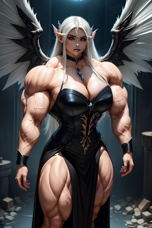 ((((Massive, beautiful, buff, light brown skinned muscular dark angel woman with white hair, black lipstick, glowing eyes, huge black angel wings, ginormous bulky muscles and wearing a beautiful black angel dress)))), {close view}, massive muscles, massive biceps, hyper muscle shoulders, massive muscle arms, vascular shoulders, hyper muscle triceps, huge angel wings, (long straight hair), blue eyes, choker, angel gauntlets, on top of a dark skyscraper in a Destroyed City, confidant smile, hyper muscles arms, hyper muscle legs, (massive arms).