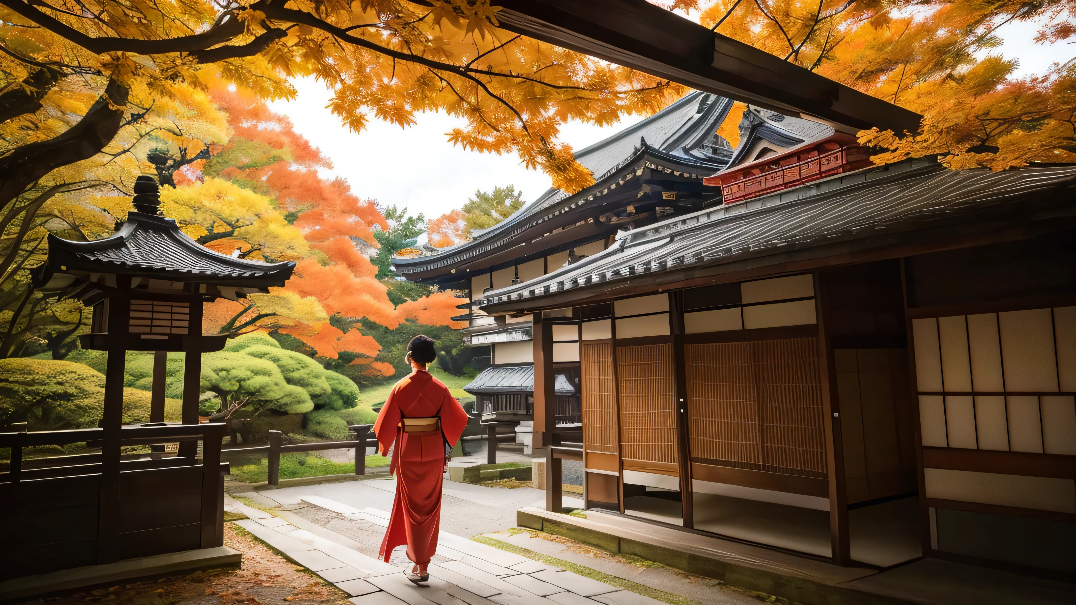 Back view of a walking woman in a kimono、Old Japanese temple、Autumn leaves、Light leaks through gaps in the clouds