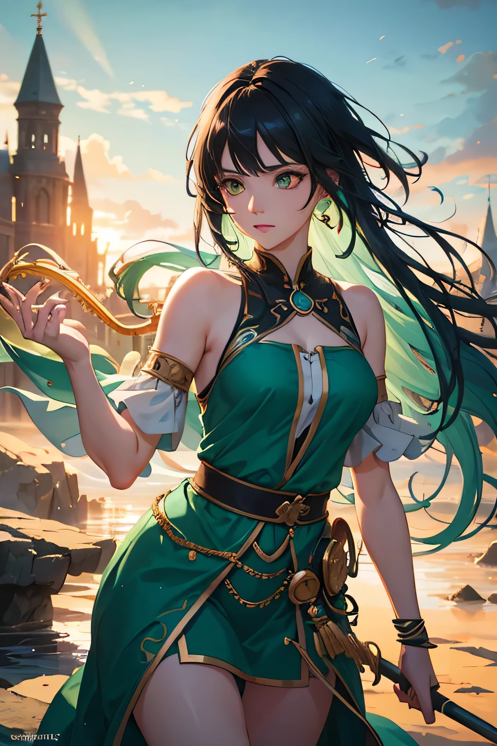 A
 beautiful anime girl with black hair with green tips, and one aqua green eye and one yellow eye, holding a harp, surrounded by a wind yaksha, (best quality,4k,8k,highres,masterpiece:1.2),ultra-detailed,(realistic,photorealistic,photo-realistic:1.37),intricate details,detailed facial features,realistic water effects,glowing magical aura,vibrant colors,dramatic lighting,fantasy landscape,cinematic composition