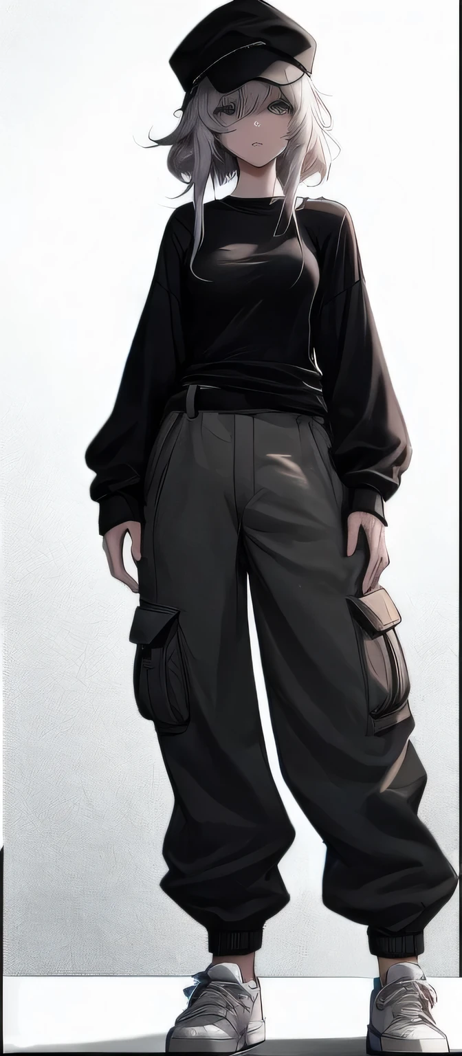 An 18-year-old girl with shoulder-length, frizzy white hair is dressed casually in cargo pants, a tight black long-sleeved t-shirt, white sneakers, and a cap. Her expression is serious but her eyes show hidden curiosity. . The image, anime style and high resolution, shows the young woman in a wide shot, highlighting her presence in the empty room, while she seems to be immersed in her thoughts about the world around her, black and white manga style, maximum details, 8k