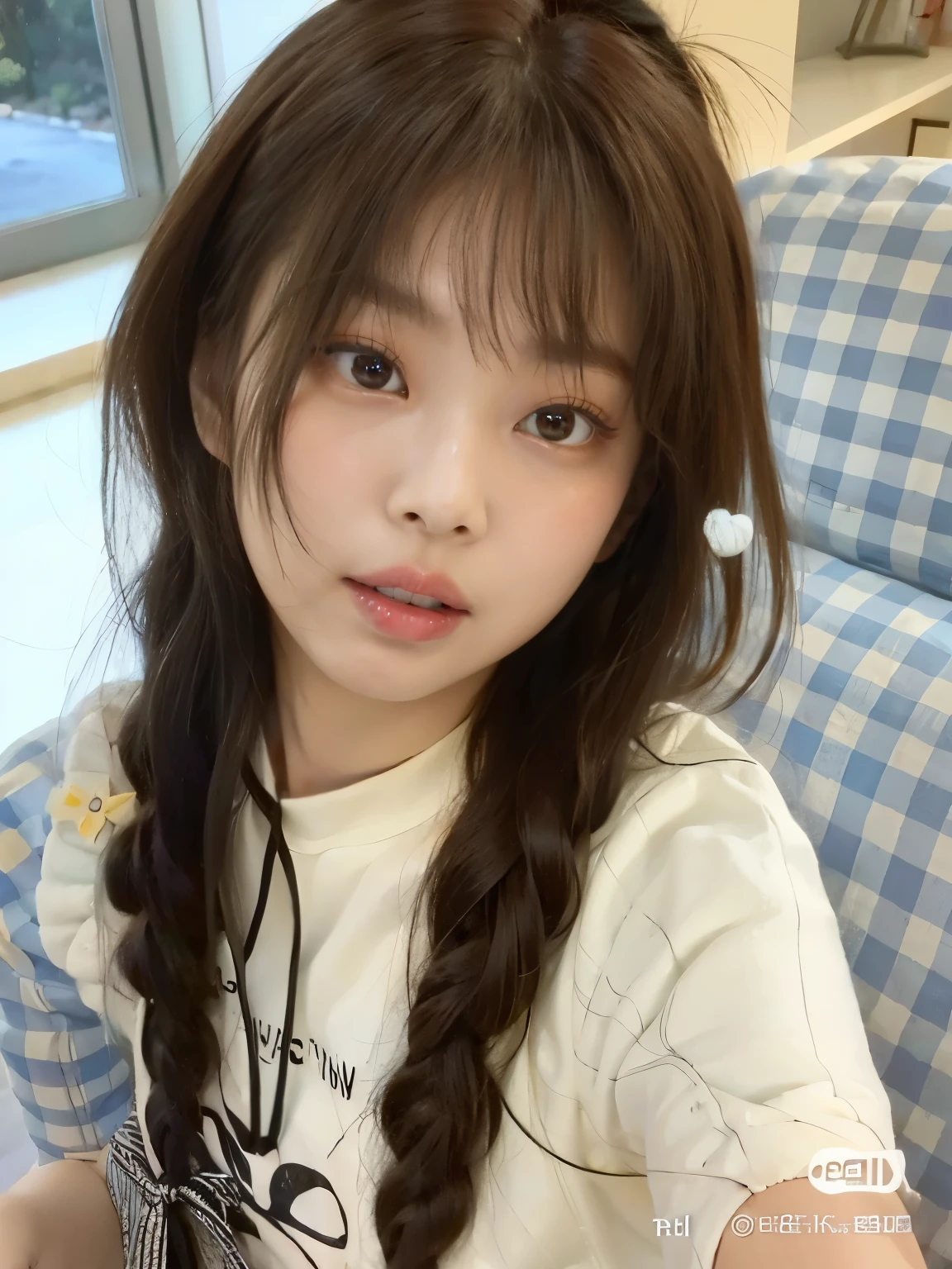 realistic photos of cute Korean star female, uneven twintails, thin makeup, medium breasts size, slightly smile, color t-shirt, in the bus, clear facial features ofsharp and realistic details, Sony FE, 35mm, cinematic lighting, high details, UHD, high quality, HD, 8k, 16k