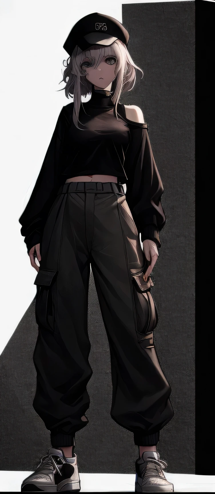 An 18-year-old girl with shoulder-length, frizzy white hair is dressed casually in cargo pants, a tight black long-sleeved t-shirt, white sneakers, and a cap. Her expression is serious but her eyes show hidden curiosity. . The image, anime style and high resolution, shows the young woman in a wide shot, highlighting her presence in the empty room, while she seems to be immersed in her thoughts about the world around her, black and white manga style, maximum details, 8k