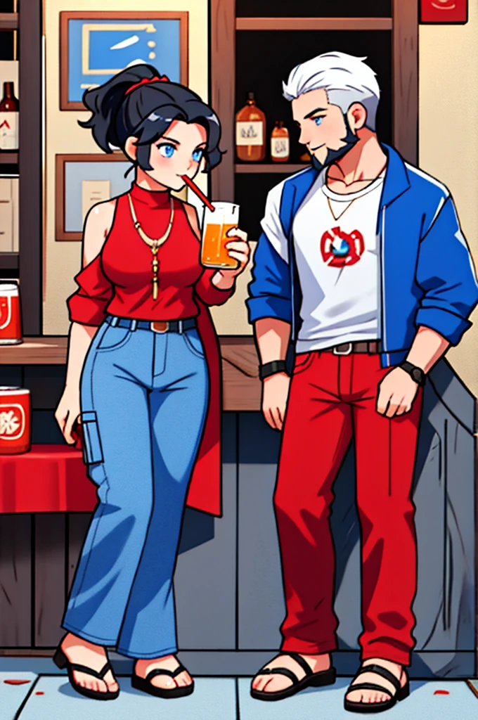 One male and one female sitting while drinking, slightly muscular, slightmuscle, big blue eyes, fantasy outfit, forest, pants, cropped jacket, modest clothingBlack hair, Black curly long hair in a ponytail, light blue eyes, tall and Toned woman, Barbarian woman, full body, aesthetic, beautiful woman,fantasy clothing, (masterpiece, best quality:1.2) 1girl, smile, ponytail, sandals, bare arms, no sleeves, red and blue outfit, cargo pants, red shirt, blue pants, gold accessories, Late 20s with white hair and a beard, Muscular man , both enjoying a drink at the tavern, drinking beer, jug of beer in hand, Two people talking, One male and one female, [Male, muscular, White short hair, short beard, black scale armor, ] and [Female, tied up long black hair, blue eyes, wearing tank top and jeans], friends hanging out, male with white short hair, female with black hair