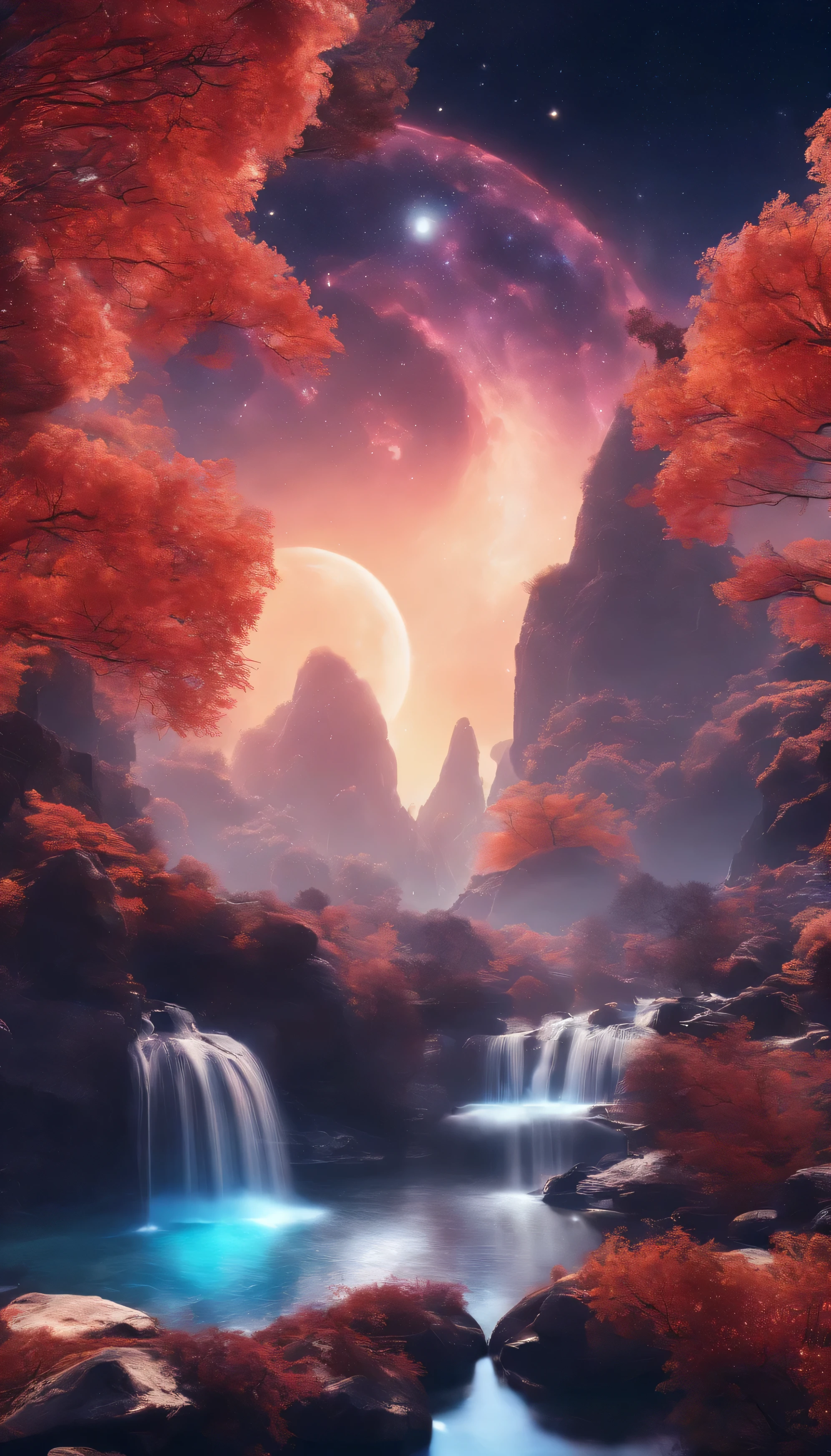 China-style，Ultra-wide angle of view，Beautiful view of autumn，mountain spring，waterfallr，Cloud fog，fall foliage，Fallen leaves all over the ground，oc rendered，high qulity，8K，super-fine，Hyper-realistic，Ultra photo realsisim，35mm camera lens，ultra - detailed