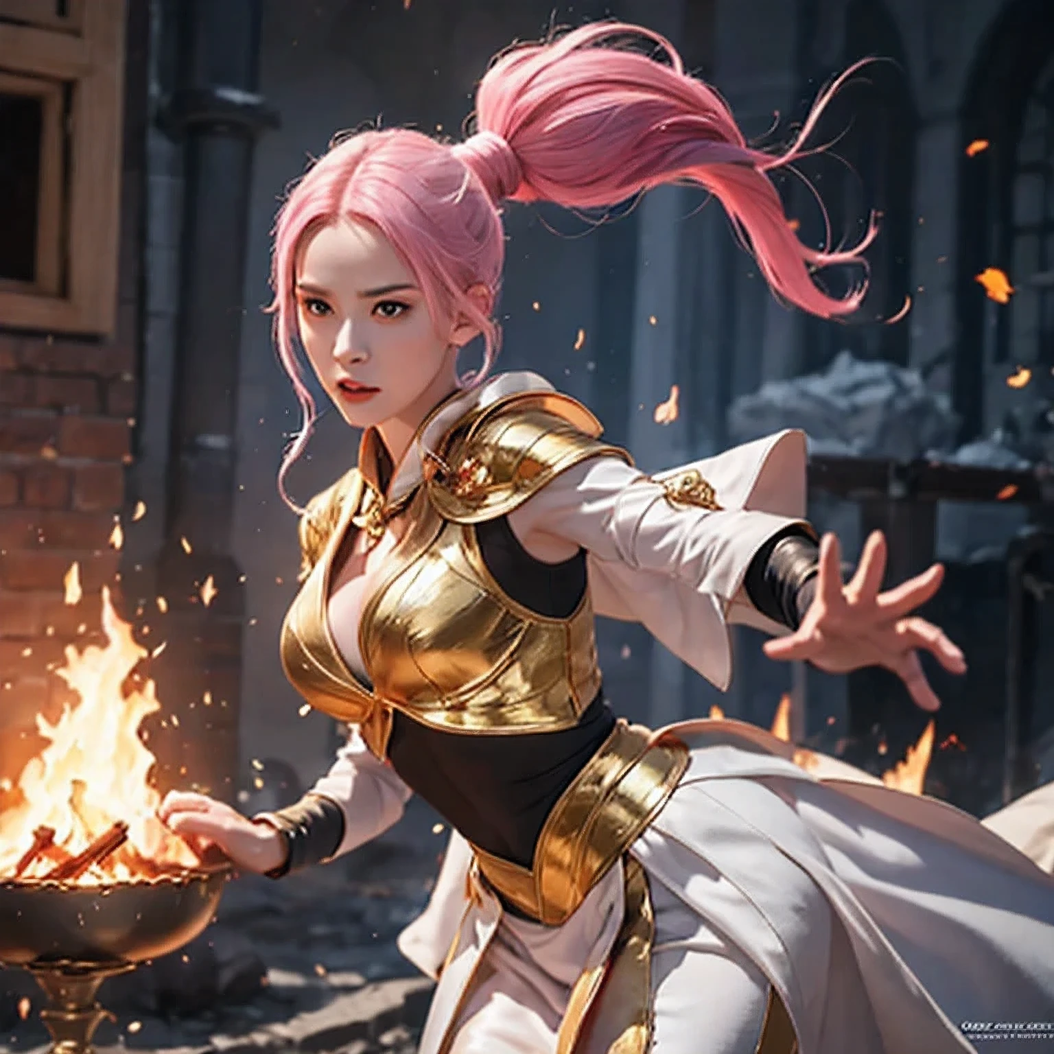 there is a girl lightpinkhair and a white dress holding a fire, ice sorceress, the sorceress casting a fireball, fantasy character photo, casting fire spell, (octane render) fantasy style, ice and fire, a sorceress casting a ice ball, realistic fantasy render, she has fire powers, ice mage, fantasy photoshoot , arafed(((Perfect college student))