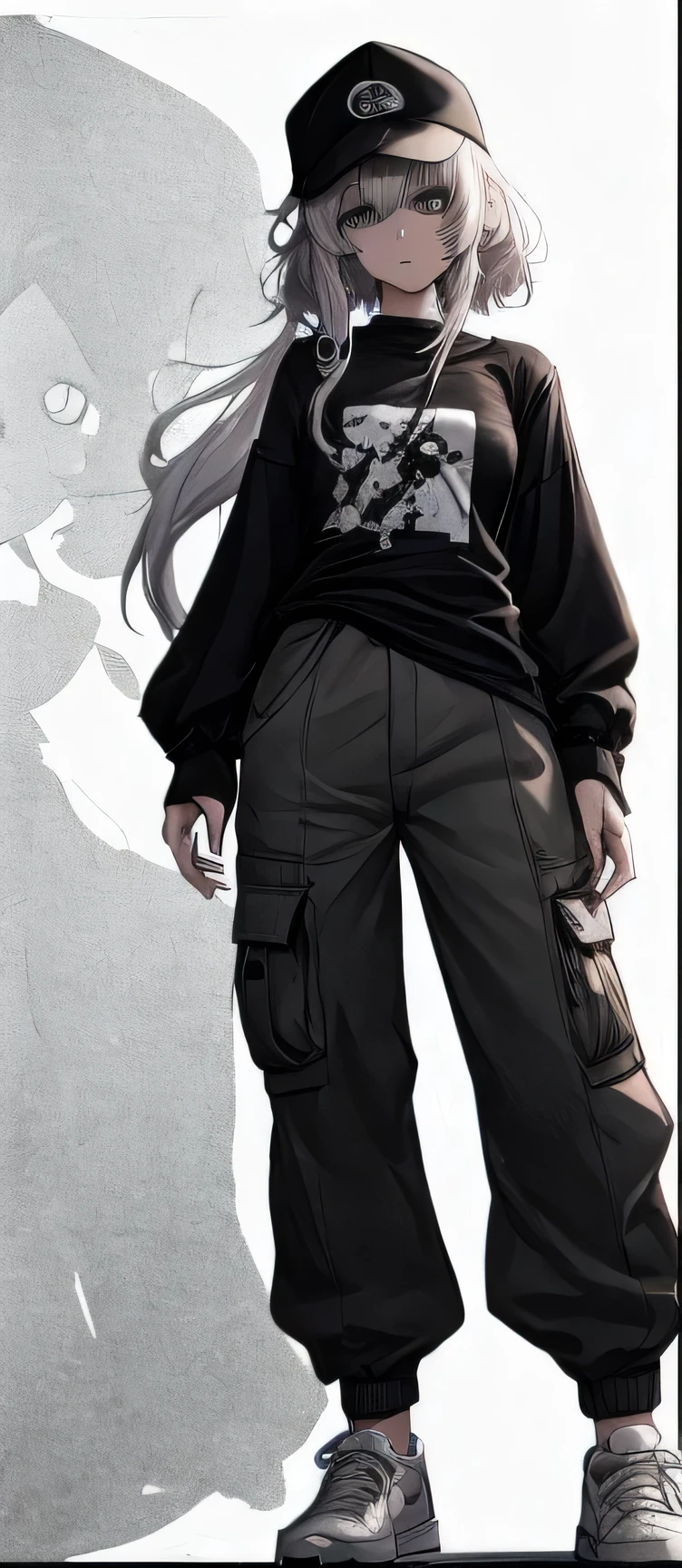 An 18-year-old girl with shoulder-length, frizzy white hair is dressed casually in cargo pants, a tight black long-sleeved t-shirt, white sneakers, and a cap. Her expression is serious but her eyes show hidden curiosity. . The image, anime style and high resolution, shows the young woman in a wide shot, highlighting her presence in the empty room, while she seems to be immersed in her thoughts about the world around her, black and white manga style, maximum details, 8k