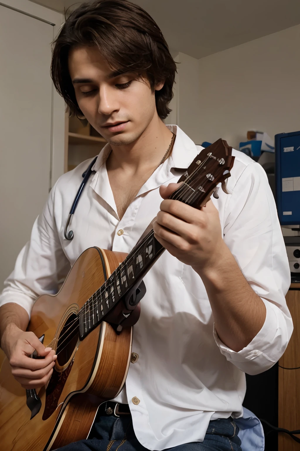 Create a photo of a medical student male wearing a blouse and playing a guitar