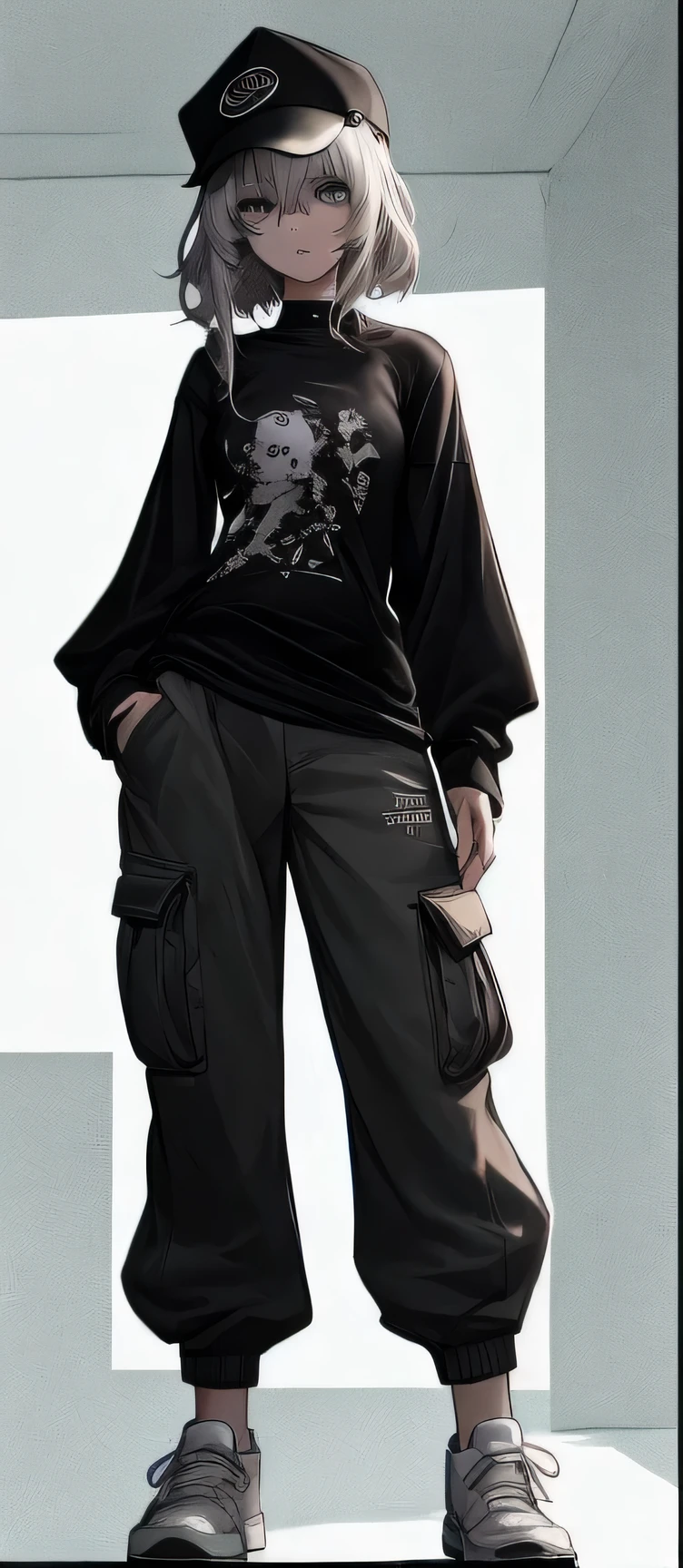 An 18-year-old girl with shoulder-length, frizzy white hair is dressed casually in cargo pants, a tight black long-sleeved t-shirt, white sneakers, and a cap. Her expression is serious but her eyes show hidden curiosity. . The image, anime style and high resolution, shows the young woman in a wide shot, highlighting her presence in the empty room, while she seems to be immersed in her thoughts about the world around her, black and white manga style, maximum details, 8k