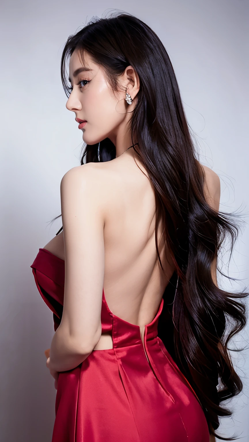 Ultra HD resolution,artistic photos,Photography,21year girl,earrings,long hair,Black background,Black backless dress,necklace,cowboy shot,H cup,Showing cleavage,Expose more breasts,Amazing breast size,Erect nipples,Expose the areola,Bigger breasts,Smooth and beautiful back,Completely bare back,Cold white skin,Big buttocks,Clothes made of silk,Messy hair,Messy hair