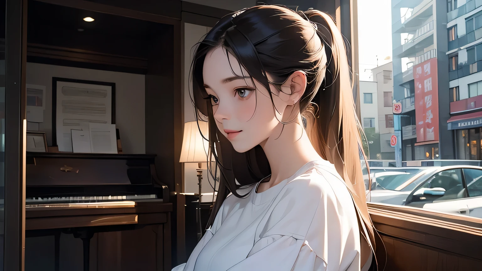One Girl, Top Quality, Masterpiece, Ultra High Resolution, (Photorealistic:1.4), RAW Photos, One Girl, Hairstyle Ponytail, "Moment of Love" In a small town cafe, two strangers meet at the same time every day, exchanging brief glances and shy smiles. He is a writer who seeks inspiration, while she is a pianist who finds solace on the piano keys. As the days go by, both dare to exchange a few words, discovering that they share a passion for stories and music. Through their short but meaningful conversations, they realize that they were looking for the same thing. : A true connection in everyday life. In the afternoon, with a light rain falling outside, they decide to share a special moment, where the piano melody mixes with the writer's words, creating an unforgettable moment of magic and complicity for both of them. As the days go by, the meeting at the cafe becomes a pleasant routine for both of them. She, with a certain melody, and the, their story that seems to be more and more with the recipient in mind. However, time doesn't stop and both begin to feel the desire to explore beyond the four walls of the cafe.. In the afternoon, she invites the writer to a concert where she performs as a solo pianist. . He accepts with enthusiasm and, between the notes of his music, discovers a new side. The intensity of his performance exposes emotions that until now were only glimpsed in fleeting conversations. .. After the concert, they walk together through the wet streets of the city, sharing their dreams and hopes under the light of the street lamps. They realize that they have found something in each other that is more than just a relationship. They meet, something that awakens in them a desire to build a future together, full of music, words and, above all, love. As their bond grows stronger, the writer finds in the pianist the muse he has been looking for. Every smile shared, every intelligent look, becomes the inspiration for a new story.