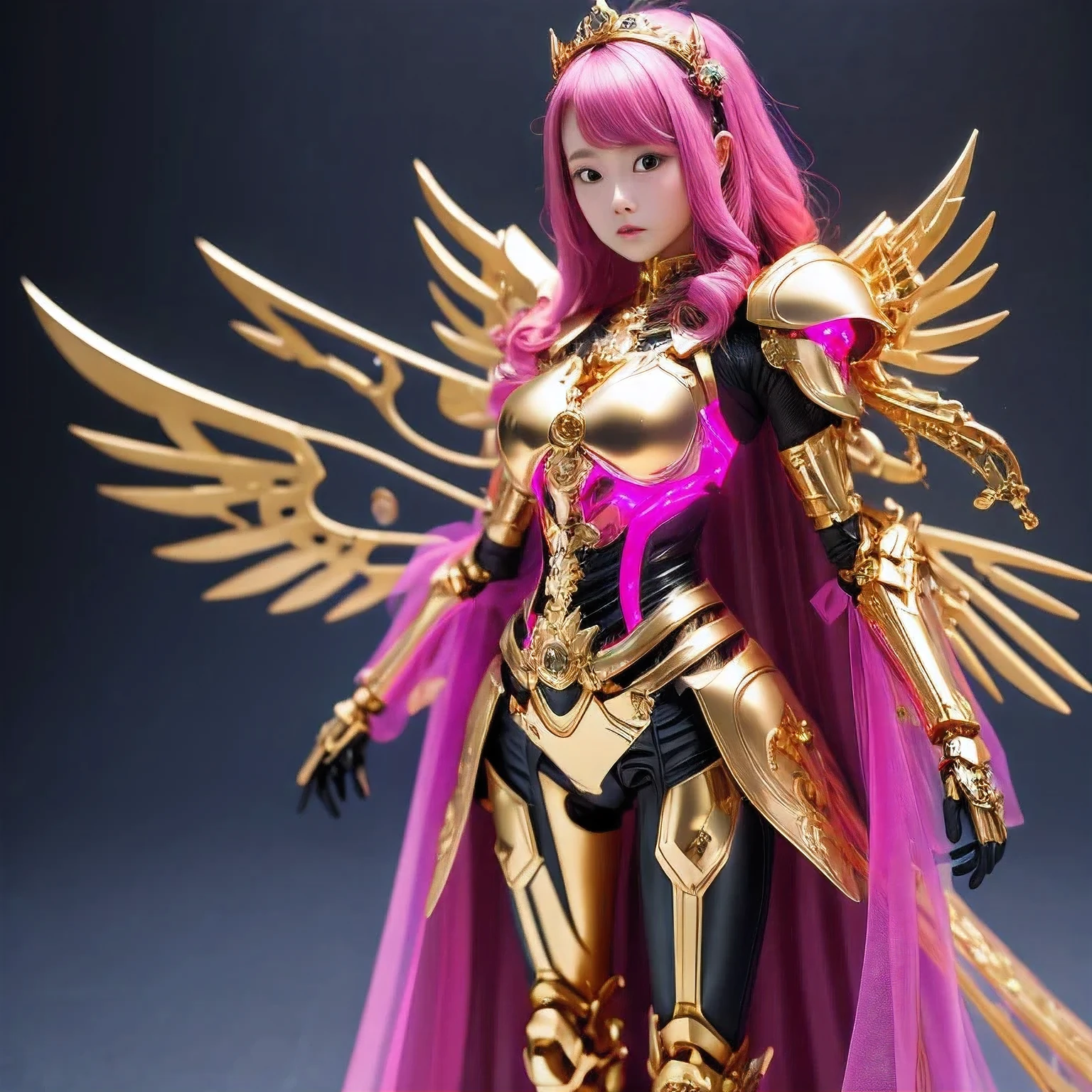 araffe skeleton in a lightpink and gold costume with wings, saint skeleton queen, lightpink demon armor, lady in lightpink armor, wearing a skeleton armor, holy cyborg necromancer girl, hone onna skeleton geisha, ( highly detailed figure ), goddess of death, masami kurumada, the other a skeletal figure, skeletal, scary queen of death，((（one female）))