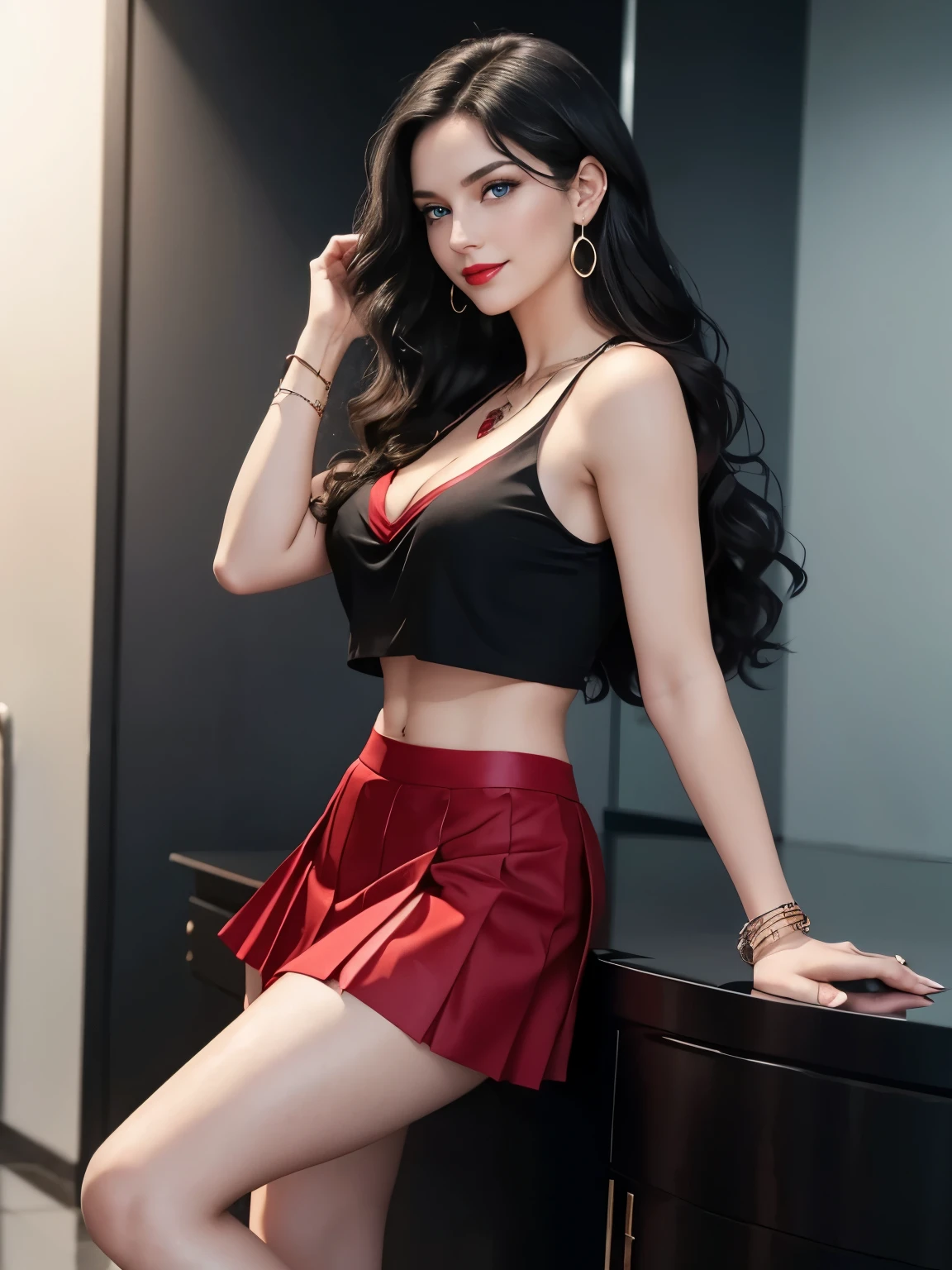 Caucasian woman, black hair, wavy hair, long hair, hair parted in the middle, (blue eyes), (focus on eyes), (reflections in eyes), shiny eyes, red lipstick, smile, athletic body, medium breasts, nipples, ((legs)), ((black top)), ((red skirt)), pleated skirt, earrings, necklace, bracelets, in modern hall, side shot. 