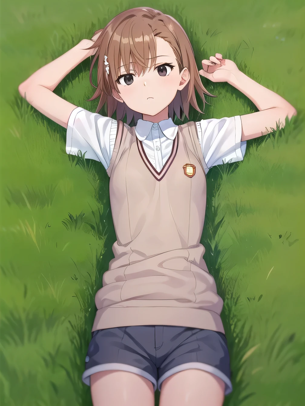 short hair, brown hair, black eyes, empty eyes, sweater vest, shirt, shorts, white shirt, pleated shorts, v-neck, short sleeves, tokiwadai , misaka imouto, solo, lying, on back, on grass, arms up, spread arms, closed mouth, (cowboy shot:1.5), looking at viewer, best quality,